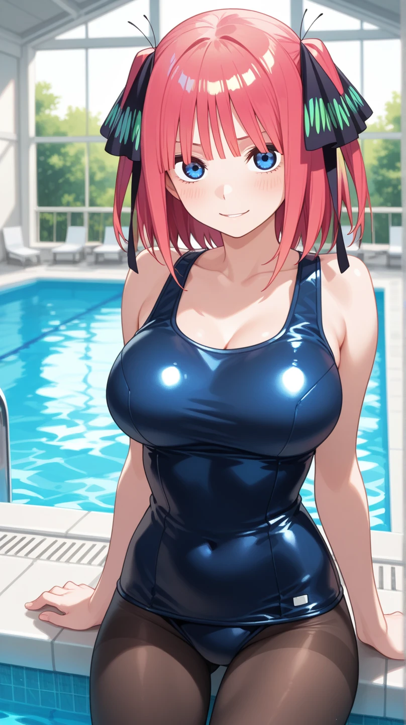 best quality, insanely detailed, nino nakano, black latex swimsuit, breasts, blush, swimming pool background, smile, pussy, highleg latex leotard