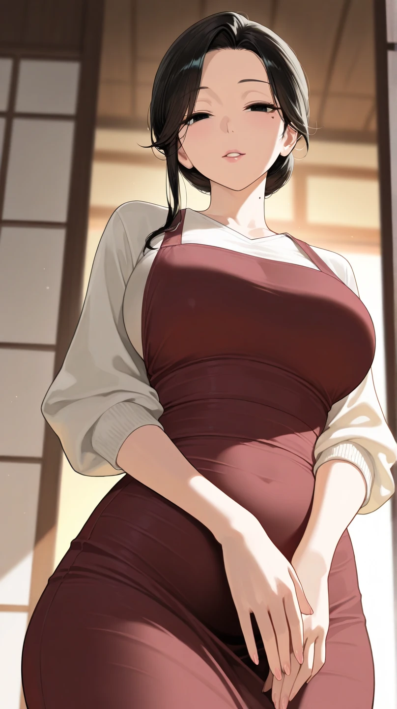 (Mature Woman:1.5), (mother:1.5), Ishtar, Fate Grand Order, (Absurd, 8k, 4K, Tabletop, Extremely detailed:1.2), highest quality, Perfect Anatomy,Perfect Face, High humidity, (alone:1.2), (Sweaty:1.3), shortness of breath, High humidity, humid, (Black Hair:1.1), Red eyes, Looking into the camera, (Very large breasts:1.5), Light clothing, apron, (kitchen;1.1), (Having a conversation:1.3), (Speech bubble:1.2), A kind smile, relief, peace of mind, mother性, Cooking, have a ladle, pot, pot-au-feu, Gentle look
