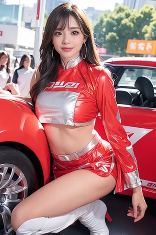 Highly detailed CG Unity 8K wallpapers, Highest quality, Very detailed, masterpiece, Realistic, photo Realistic, Very detailedかわいい, 20-year-old, Anatomically correct fingers、Perfect Fingers、(((Do-it-yourself skirt lift:1.2))), (Lift it yourself), Small white string panties、((blush)), ((Gaze Here))、(((Confused expression:1.4)))、((Shiny red enamel racing girl costume:1.2))、Pleated mini skirt、Japan、motor Show、Convention Hall、Beautiful lighting、Jet Black Hair、Long Hair、(showing panties yourself)、((Enamel costume))、((Shiny Costume))