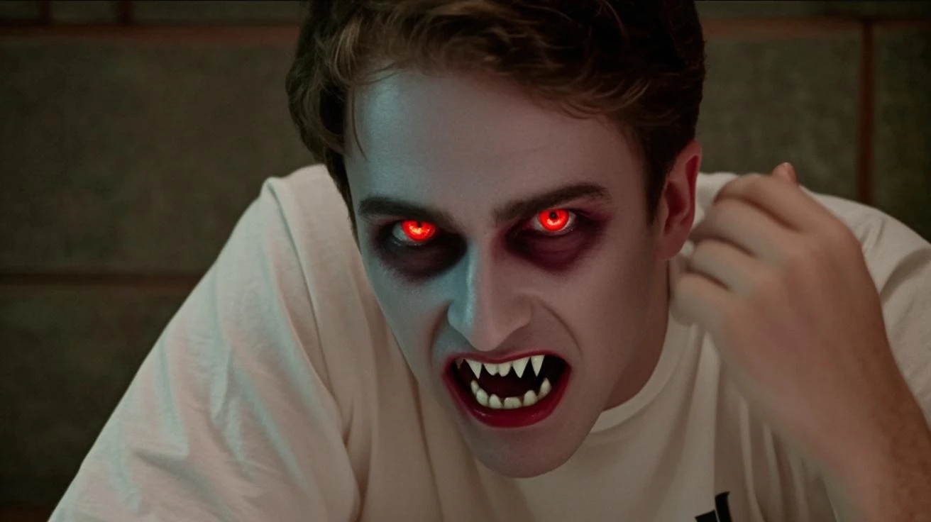 Horror-themed, <lora:Cinematic Vintage Hollywood Film Style:0.5> sharp detailed,
Cinematic high angle from above, Closeup Shot Film Footage captured by Panavision Cameras and Lenses, young Chris Sarandon as a vampire creature, Jerry a vampire with a creepy vampire face and a vampire fangs teeth, staring at camera with big scream and with red eye lenses and open vampire mouth and "burn marks" on face in a coffin in a dark room, Fright Night 1985 Film Style
Cinematic Vintage Hollywood Film Style
<lora:Fright Night 1985 Film Style:1>, Eerie, unsettling, dark, spooky, suspenseful, grim, highly detailed