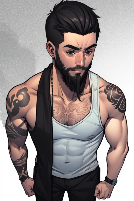 Draw me a handsome, muscular Asian adult man with tattoos covering his chest and shoulders wearing red underwear with white lining revealing his big dick He raises his arms to reveal his hairy armpits With one hand gently pulling down his underwear Draw me another handsome, muscular bearded American man wearing white boxer briefs 
