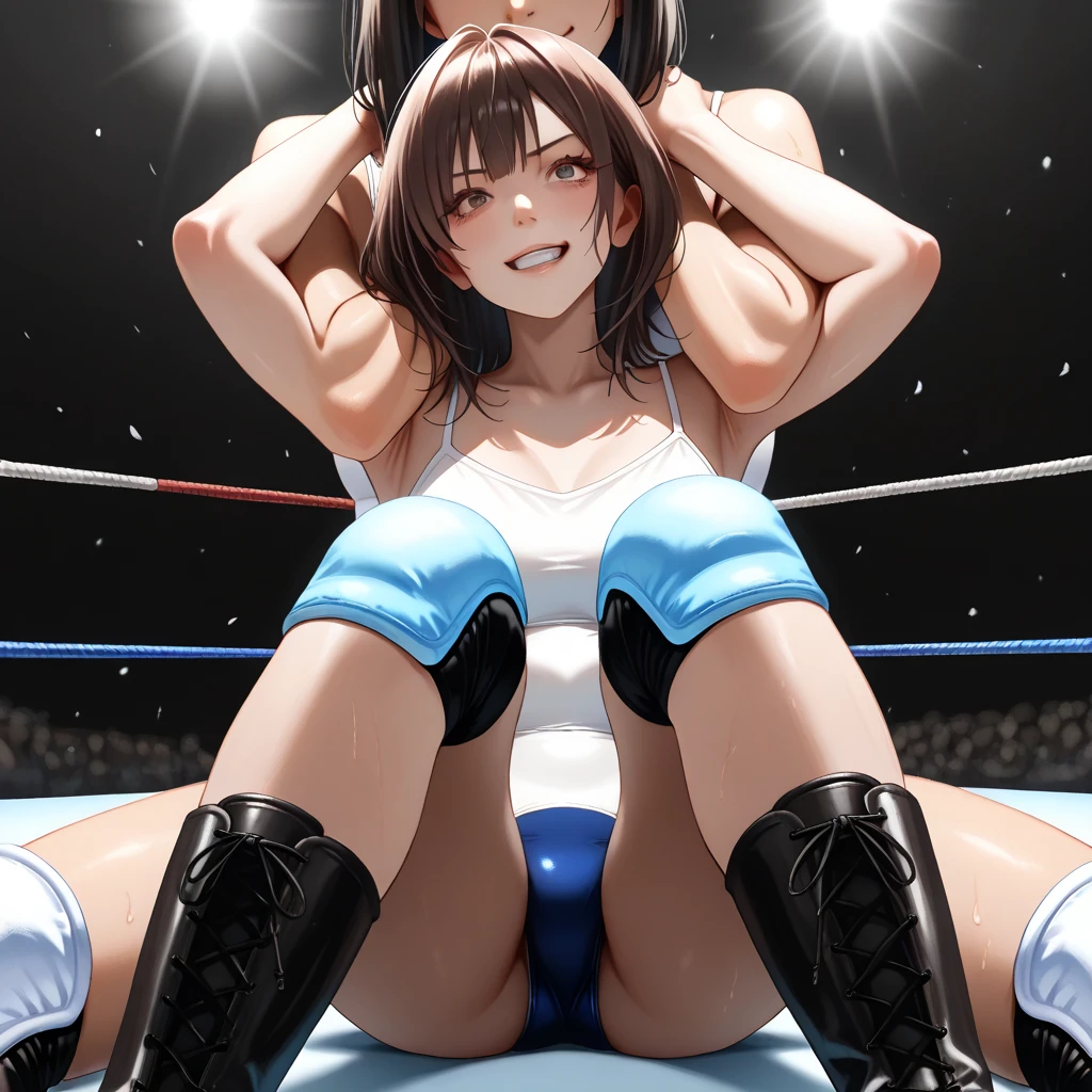 Match in the ring。Lying down and hugging。I feel ecstasy。touchin opponent's groin。Small breasts。A well-trained body。Two young and cute Japanese female kickboxers。Rivals。Serious competition。can not lose。Sweating a lot。One eye closed, out of breath。Drooling。Short black hair。Boxing gloves。naked。Erect nipples。