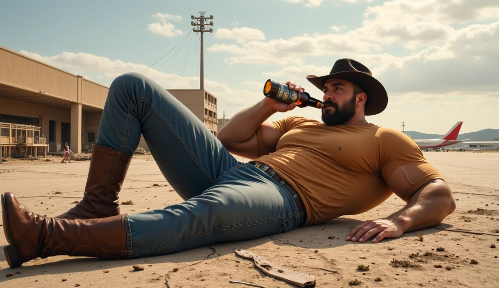 A texas man sitting enjoy his beer with mustang next to him