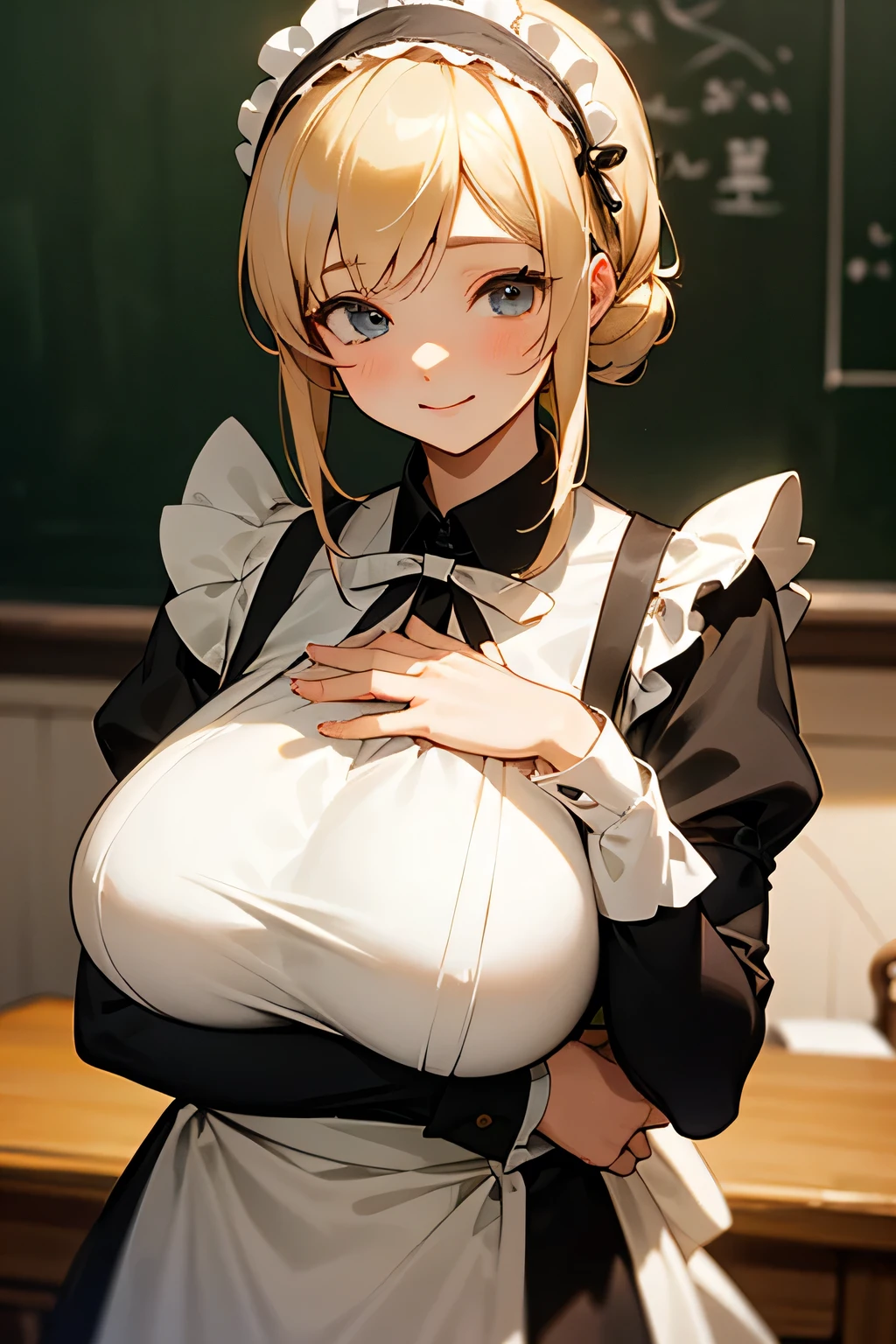 women, maternal, big breasts, Wide hips, blonde hair tied in a bun, blue eyes, full black maid outfit, White apron. plano frontal, light smile. bottom: classic office with bookcase behind the character.