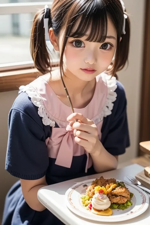 Ultra High Resolution, (Realistic: 1.4), RAW Photo, Best Quality, (Photorealistic), Focus, Soft Light, ((15 years old)), ((Japanese)), (Front, Young Face))), (Depth of Field), (One Piece), Masterpiece, (Photoreal), Woman, Bangs, (( apron, hair over one eyes, 1 Girl))
