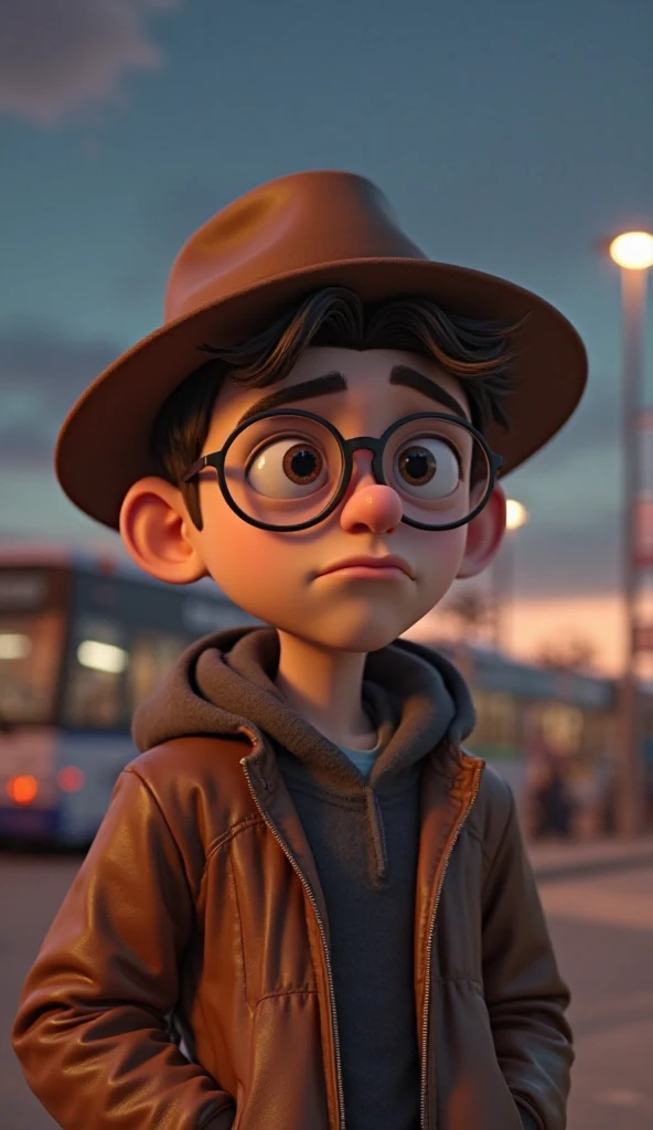 Um menino de 14 anos, pele clara, with black sunglasses with round lens and short straight hair, (Estilo Pixar) (master part:1.2) (Bokeh) (best quality) (pele detalhada) (textura detalhada) (8k) (argila) (Cinematic lighting) (foco nítido