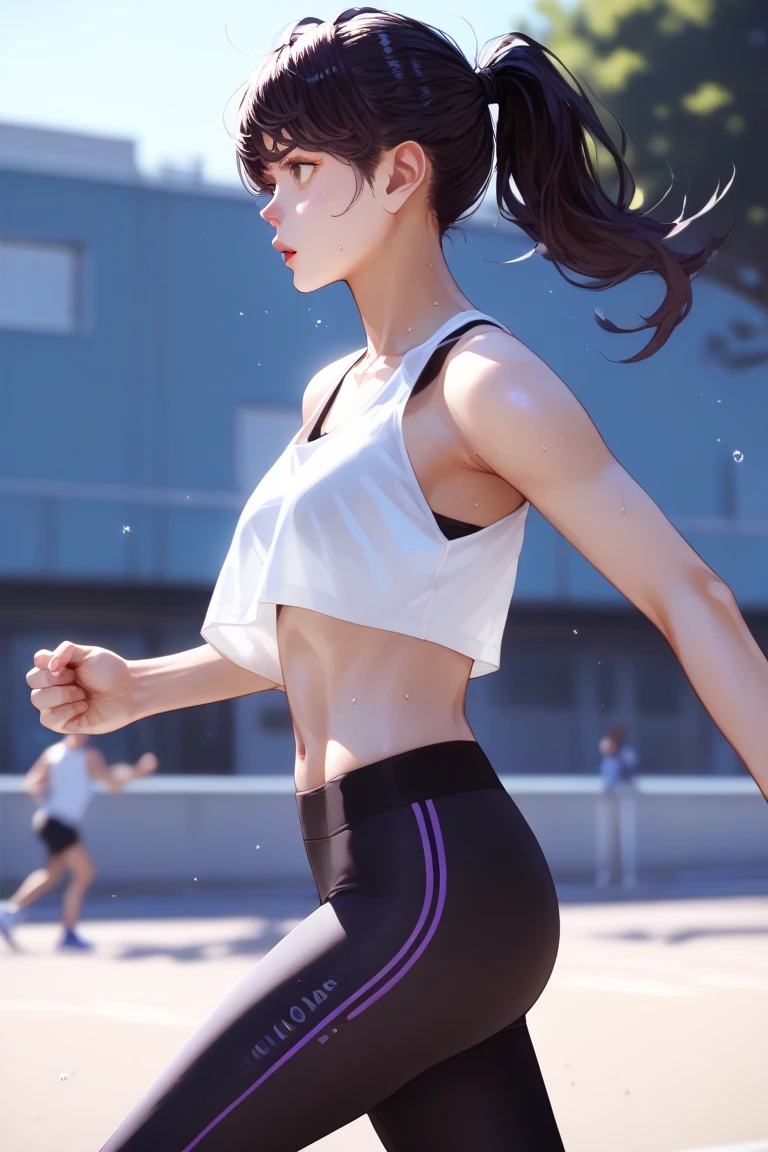 1 girl,Cute girl practicing street dance,brown curly short hair,A slender,small but well-shaped breasts,,erectile nipple,Navel,tre anatomically correct,Precise fingers,Sportsbra,half-pants,.Sports sneakers,Dance with active poses and angles,in a street,photorealisim,masterpiece,Sweaty skin,