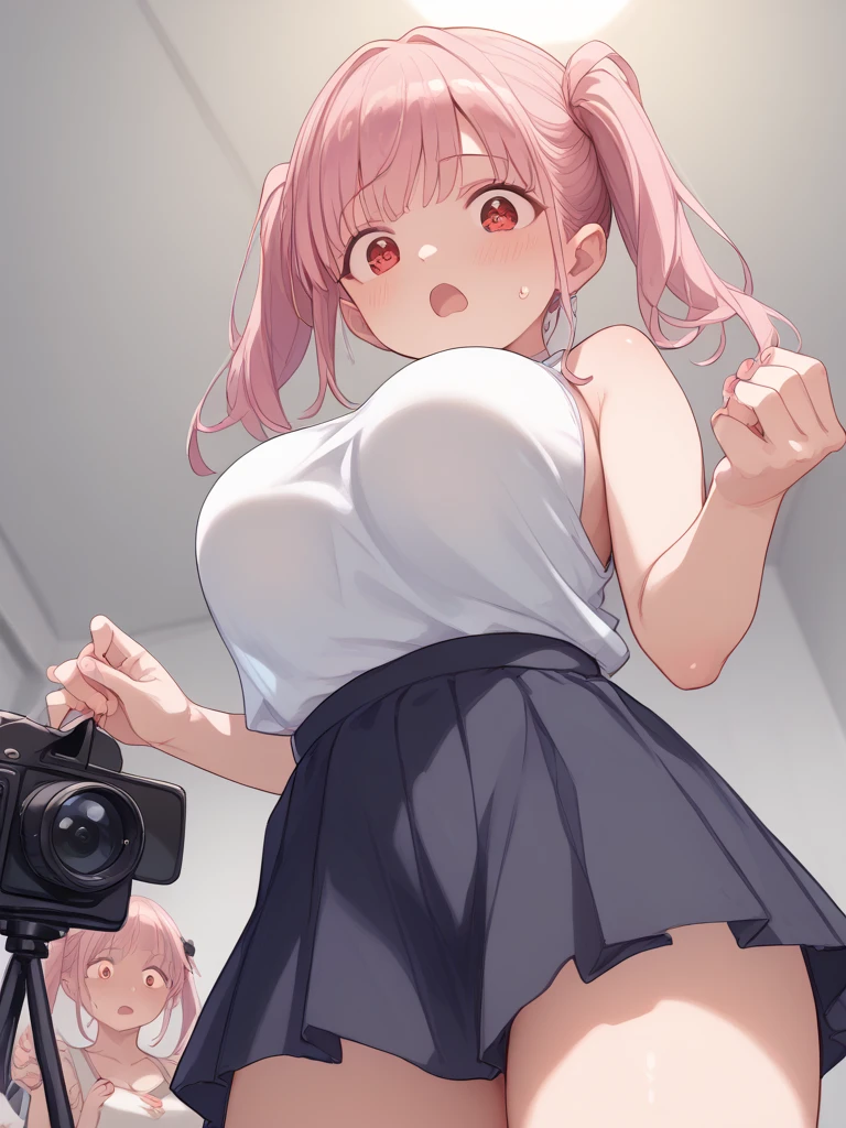 Generate an image of Honami Mochizuki from Project Sekai. She is a high school student with long, straight hair in a blonde color.,with a slight curl. Her side hair is shorter and also slightly curled. She has straight-cut bangs, that frame her forehead. Often, has big, gentle red eyes and a warm, friendly expression. blunt bangs,nsfw,steam,small breasts,sweat,1girl,Gradient with pink tips,close to viewer,full body,gray skirt,navy highsox,Selfie,from below,show off nipple,top less