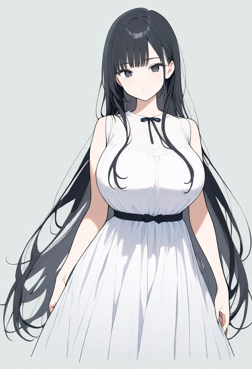 ((masterpiece、highest quality、Super detailed))、One girl、Black Hair、Long Hair、Grey Eyes、smile、Large Breasts、((white sleeveless turtleneck))、((black panties))、Cowboy Shot、(Simple Background:0.3), (Round eyes:0.7)