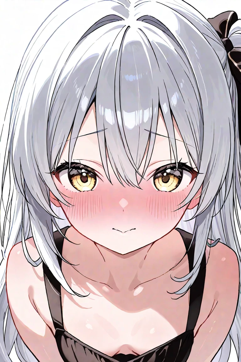 best quality, amazing quality, very aesthetic, absurdres, 1girl, mutsuki (blue archive), blue archive, red eyes, white hair, strapless, (artist official art:1.5), (realistic face), (narrowed eyes), (cowboy shot), (art:1.5), panties, (thigh), expressive eyes, perfect face, 4k, extremely detailed anime illustration, extremely detailed eyes, enhanced details, perfect anatomy, light rays, photo background, extremely delicate body, smooth skin, feminine expression, (black background:1.5), cristal clear eyes, beautiful face, small breasts