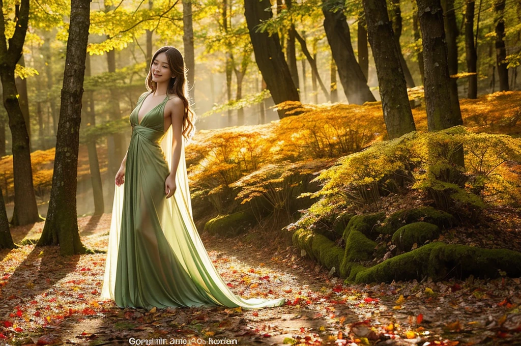 In a breathtakingly enchanted forest carpeted in autumn leaves of gossamer silk that glows with an inner light, as if it were liquid jewels, a young woman stands on top of a moss covered stone pedestal, her silhouetteoutined against the golden hues of the fiery backdrop of a setting sun filtering through delicate canopy of leaves above. Her ethereally beautiful features are illuminated by the dappled light that daneces upon her porcelain skin, her flowing raven hair cascading down her back like dark waterfall, veiling one eye in sensuous enigmatic manner. Her slender figure is encased in shimmering gown of gossamer silk, vibrant hues lavender and emerald swishing and swirling as if liquid jewels while delicate lace sleeves are adorned with tiny iridescentent beads that catch the light like tiny diamonds. With delicate fingers she cradlses crad small delicate bird, feathers ruffled in her touch, while other arm outstretched towards unseen horizon, as inviting the world to join her in this moment. Her l hand gently entwined with a garland of ivy that winds gracefully drapes around arms shoulders while adding to the overall sense of natures embrace. Eli <lora:zzprmp18fc1ea5245gb85:1>