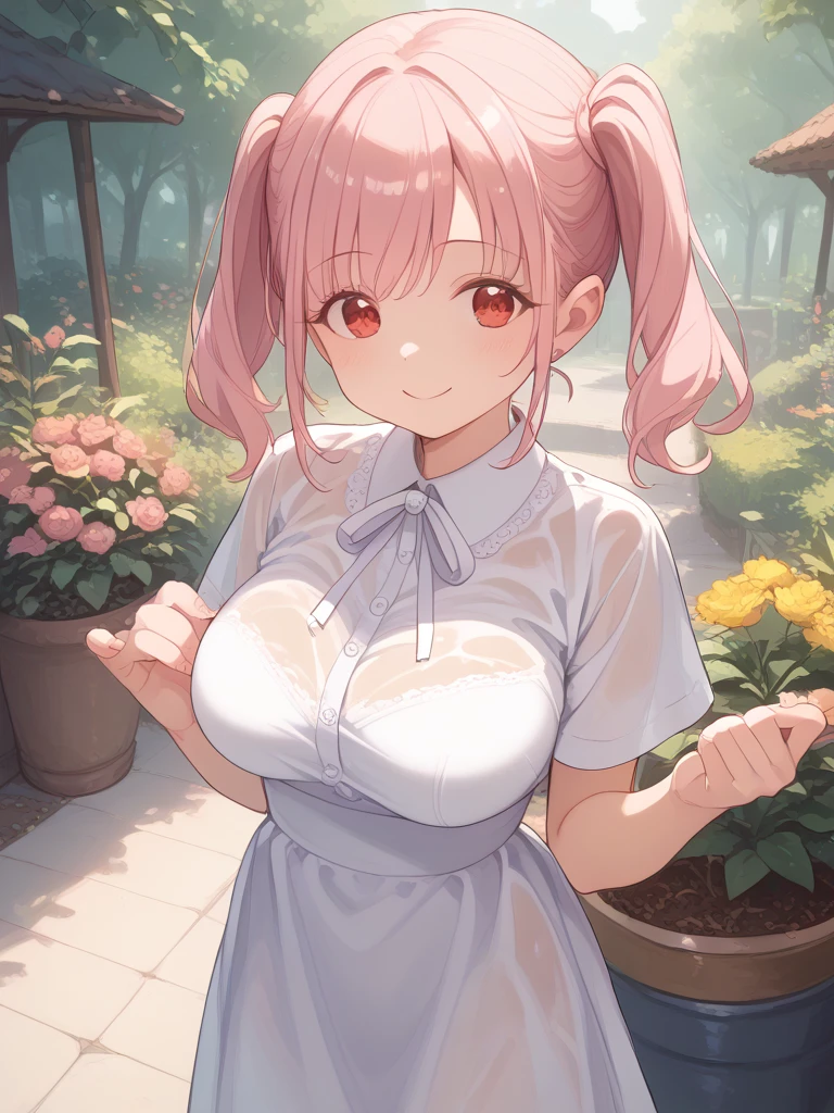 tmasterpiece、Need、1 female student、a blue dress，White cloth bun bun bun、Shoulder leakage、The chest is large、chubbiness、ssmile、Black suspender tights、lace leggings、pale pink lip、posing at school，（drenched all over the body），legs are open， 独奏, White polo shirt, looking at viewert,  (Thigh thick:1.0),Yazawa Nico,red eyes, face flushed,Blunt hair,both hands on hip，greet，Flower headdress，Carrying a school bag，saluting