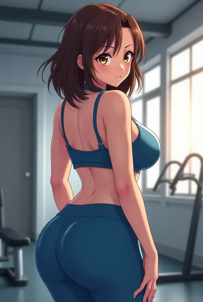 1 girl,Blue leotard,Super High Leg Cut,blue eyes,serious face,brown hair,bob hair,New York City,Big Breasts,blush,Sweat,barefoot,bare hands,Asian Squat,Slender,Director's Office,Back view,back,Butt,Embarrassing,Buttを引き締める,