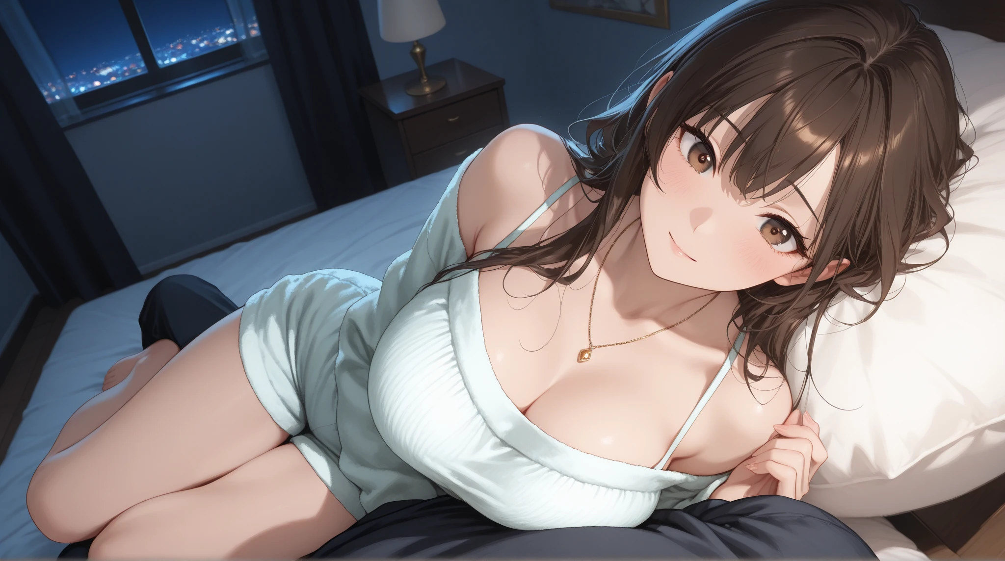 Shooting from below、all fours、Realistic, real person, (pale skin: 1.2), upper body, RAW photo, photorealistic, shiny skin, shiny hair、(A 35-year-old woman with medium-length hair and bangs) and (wavy hair) and (brown hair) and (Orange Eyes) , (white:1.5) and (blouse) 、Cleavage、(blush:1.5), smile, The background is the living room at night、illumination、Alone、