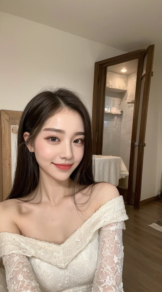 (1 Korean star with royal sister style), (view picture with exquisite details), ((best quality, 8k, masterpiece: 1.3)), focus: 1.2, perfect body beauty: 1.4, (smile), (city business district: 1.3), highly detailed face and skin texture, fine eyes, double eyelids, whitening skin, (big wave hairstyle: 1.3), (round face: 1.5), (one-shoulder dress: 1.4),