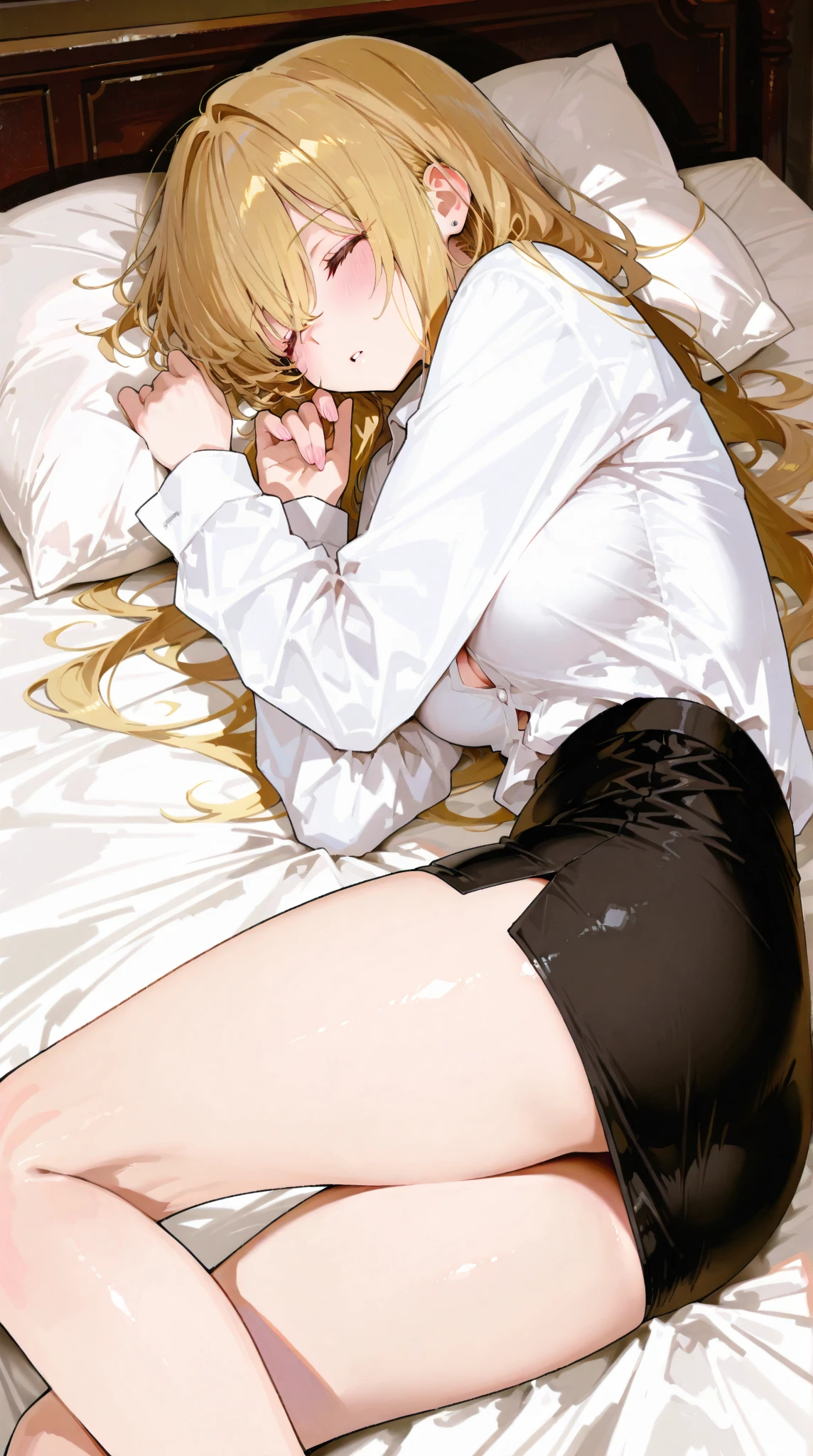 masterpiece, highest quality, High resolution, kitagawa marin sb, From above, 1 girl, blonde, Long Hair, Colorful Hair, Red eyes, jewelry, Earrings, Earrings, good, lace black panties,(Showing panties:1.3), (Spread your legs), Sexy pose,  Seductive pose, (Lying in bed:1.5),  (Put your hands in your panties),  Sweat, blush, close your eyes, Open your mouth, (((Excessive pussy juice))), Her Room