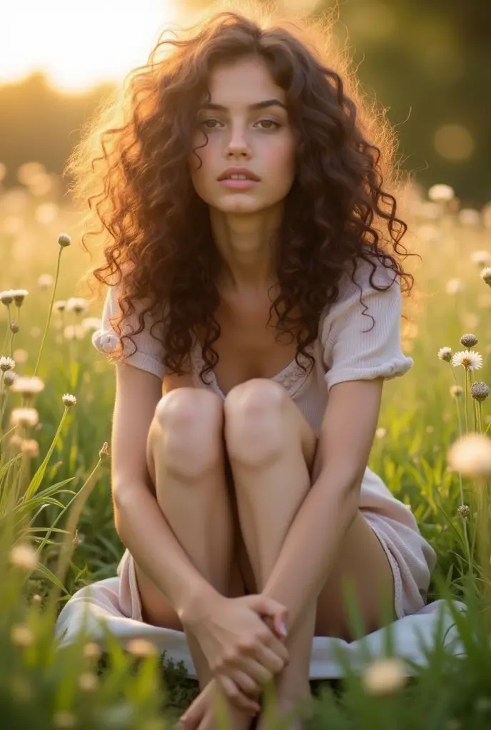 A brunette girl with curly hair and big breasts sits with her legs stretched out, taking a realistic photo