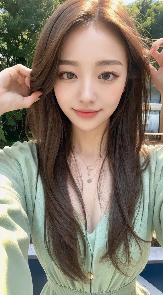 ((highest quality, 8K, masterpiece:1.3)), concentrated:1.2, perfect body beauty:1.4, buttocks:1.2, ((delicate hair)), (Colorful Solid Cold Shoulder Oversized Sweater、 :1.1) , ((highest quality、8K、masterpiece:1.3))、1 girl、A sloppy smile、Full body Esbian、slim face、big 、Beautiful woman、(dark brown hair)、、1.1、Flickering Valley、detailed eyes、double eyelid、blurred background、超slim face、look down、garden、