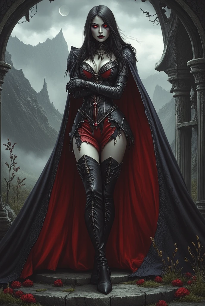 modisn disney, Arafed, action shot, Dark fantasy art, fantasy art, goth art, a picture of a female vampire, exquisite beauty, full body shot, dark glamour shot, pale white skin, blond hair, long hair, wavy hair, (glowing grey: 1.3) eyes, she wears a (red: 1.3) red tight suit, ArmoredDress, she holds a sword in hand, (ready for battle: 1.4) , the roses are imprinted on the suit (black: 1.4) black roses, high heels, dark castle, dark, black and color, Dark Art Painting Style, flower dress, dark novel
