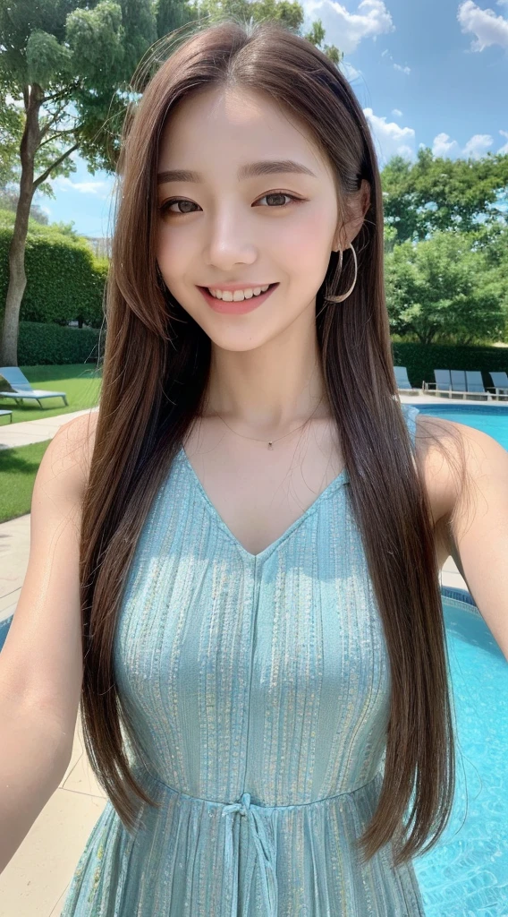 ((Highest image quality、、masterpiece:1.3))、image quality:1.2、Beautiful woman with amazing style:1.4、Slim Abs:1.2、((Brown Hair、Small breasts:1.2))、(Natural soft light、Fresh green scenery:1.1)、Highly detailed face and skin texture、Beautiful Eyes、double eyelid、break(Ultra shiny metallic coral high leg swimsuit:)Sexy Secretary、smile、Small breasts、Focus on cleavage