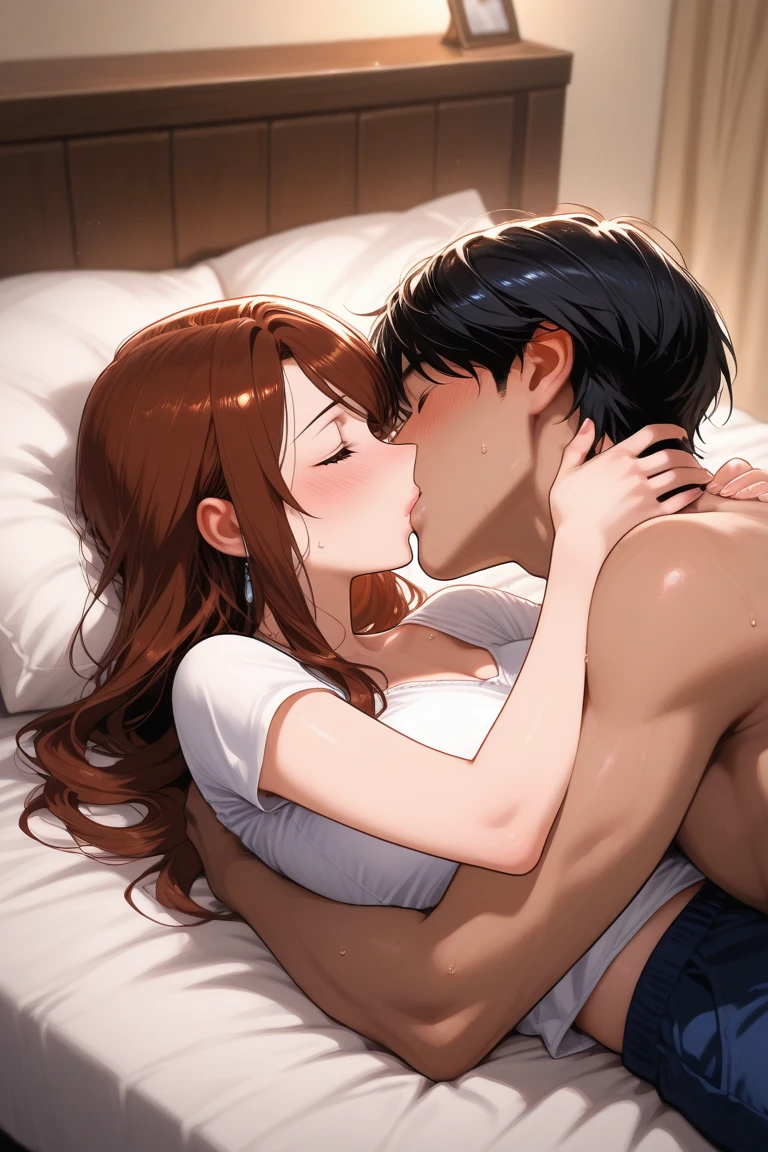 a tender intimate moment between two beautiful young boys in boxer shorts, blushing and kissing passionately, warm soft lighting, high quality, 8k, photorealistic, masterpiece