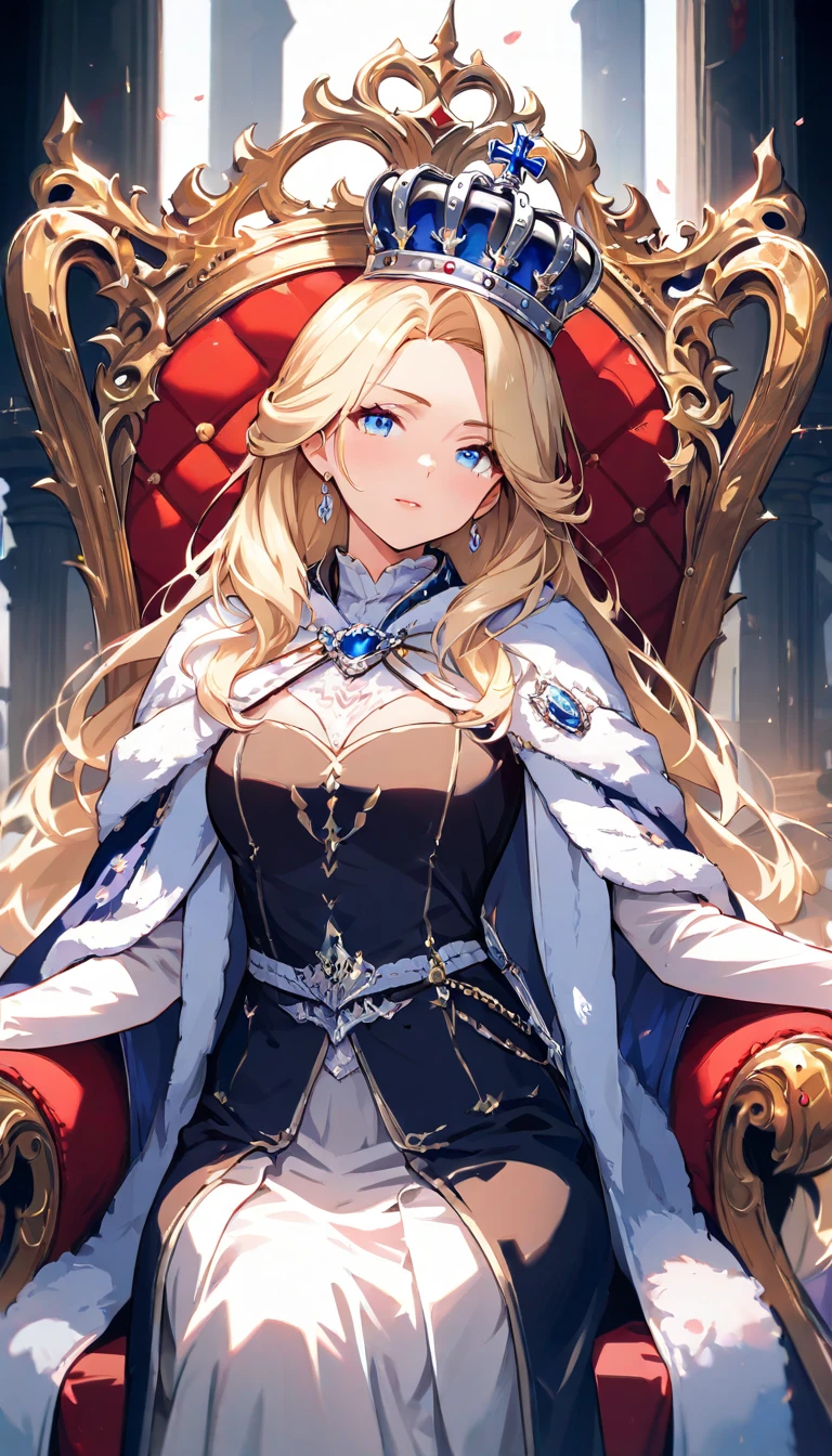 1girl, blonde hair, blue eyes, masterpiece, indoors, solo, hime cut, crown, dress, thick eyebrows, messy hair, throne, medium breasts, cleavage,