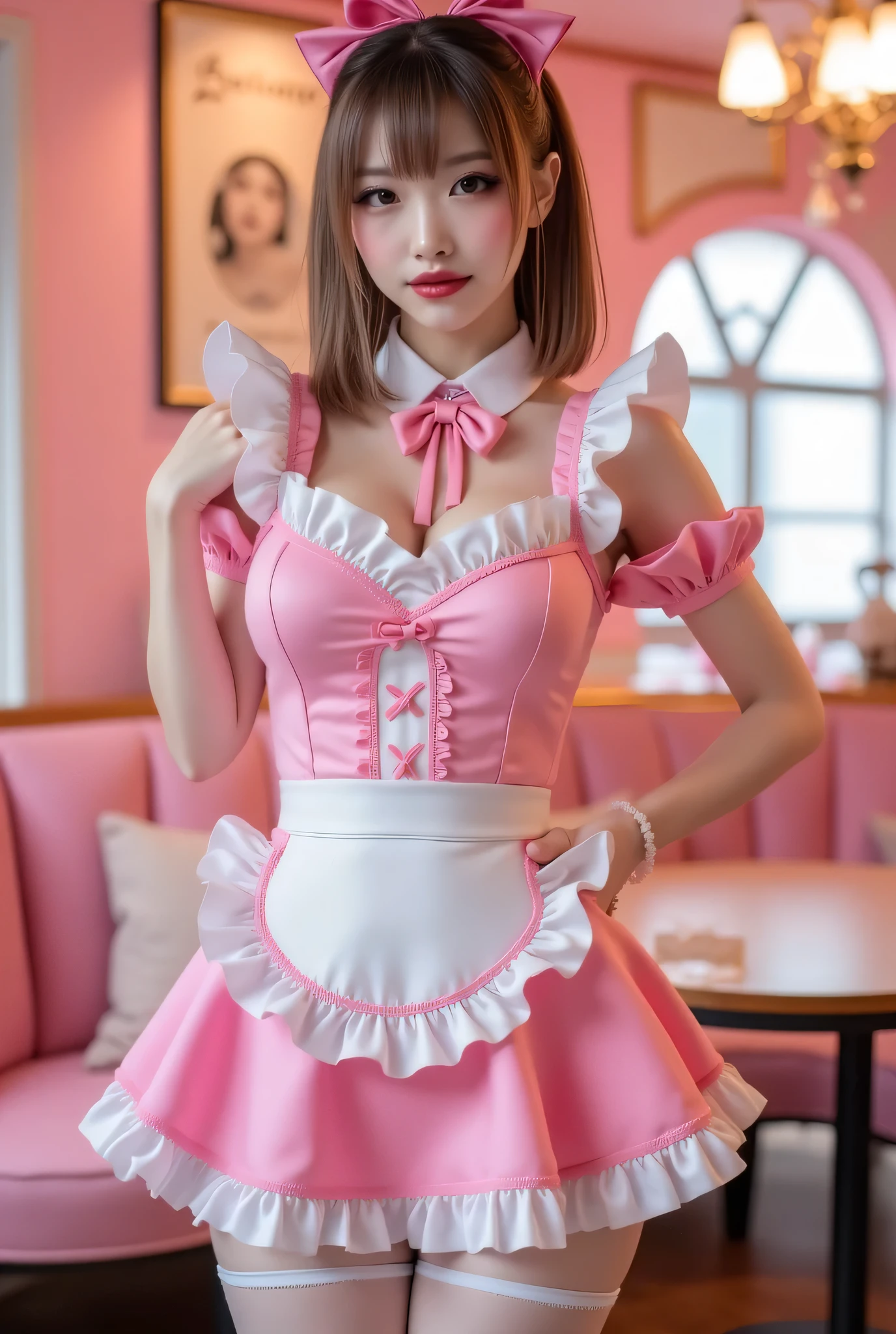 Standing posture.
Highest quality, masterpiece, colorful to keep.
Pink and white maid uniforms, A-line dress, swing dress, flare dress, circular skirt, thighs wearing pantyhose.
Super beautiful Japanese girl, makeup, long false eyelashes, eyeshadows, eyeliners, light red lips, short ponytail.
Glamorous body, big breasts, thighs wearing white pantyhose.
Coffee shop, pink and white interior, tables.