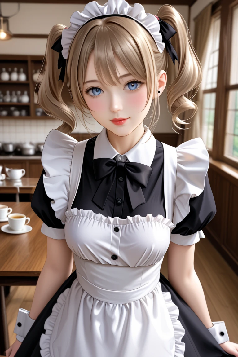 high-level image quality、masterpiece、8K、1womanl、japanes、Charlotta(Gochiusa)、15yo student、Female with young body type、Saint a girl、小柄、1 persons、独奏、One person on the screen、Empty bangs、Hair color is dark blonde、Hair is dark blond、Short mob、short hair to the shoulders、Fetishes、fluffy hair、Maid Katyusha、Light green eyes、Cobalt green eyes、verd s eyes、big eye、huge-eyed、Nose low、Troubled face、Active、full of shyness、Fluffy smile、Yellow and white maid clothes、Small udder、almost no udder、flat breast、nursing、small tits、full of sweat、perspiring、inside restaurant、tea shop、coffee shop、daytime