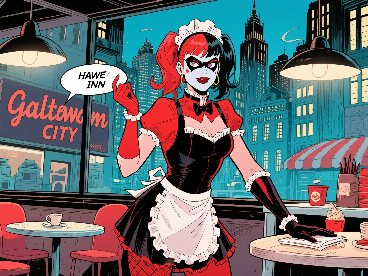 An ultra meticulously detailed retro comic, pop art style, exaggerated Ben-Day dots, colored pencil, hand drawn illustration portraying a portrait by Clyde Caldwell and Gil Elvgren of a gorgeous retro pin up, undead zombie girl in a short and cute retro cherry print sundress and cherry dangle earrings. Skin rotting and falling off of face, showing teeth and bone on the side where cheek-flesh used to be. Sunny cityscape background. Retro horror comic book art, perfect, smooth