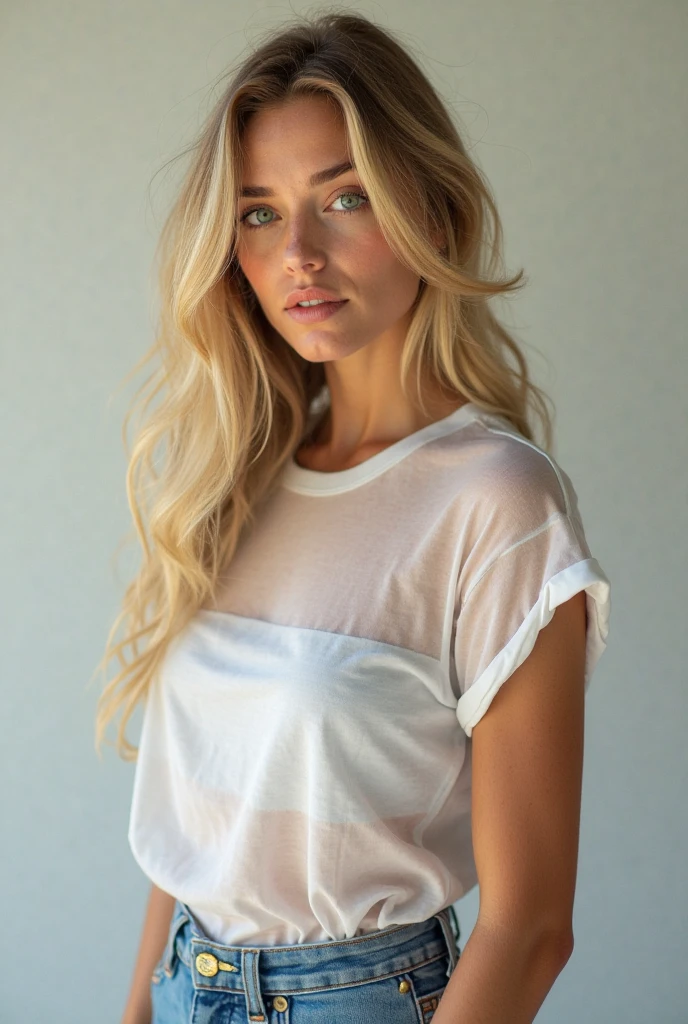 Belle blonde tee shirt blanc mouillé téton dur regard coquin photo réel