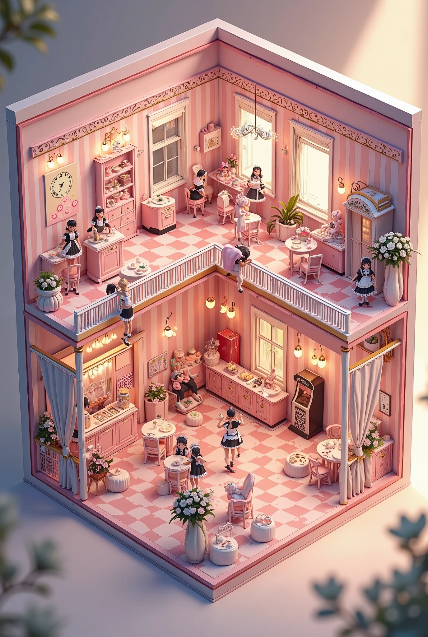 top-down isometric view, dollhouse-style cutaway of a vibrant maid café interior, roof removed to reveal multiple cozy rooms with cute pink and white decor, frilly curtains, heart-shaped tables, and checkered floors, adorable maids in black and white frilly uniforms serving parfaits and tea to chibi-style guests, each room with distinct themes like a tea room, a sweets corner, a retro arcade booth, and a dressing room, tiny chandeliers and fairy lights hanging from the ceilings, detailed miniature furniture like plush chairs, dessert displays, and vintage clocks, warm ambient lighting, soft pastel color palette, ultra-detailed illustration, cinematic lighting, whimsical anime toyhouse aesthetic, high-resolution, best quality, perfect thumbnail composition
