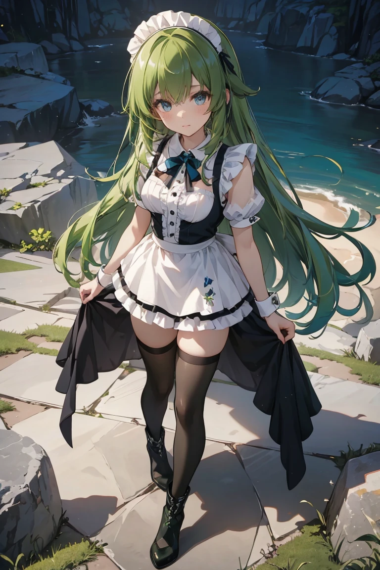 (Very good image quality), 1 girl Emerald green hair, long twin tails hair, back braid, low braid, bangs covering one eye, white veil, beret, silver tiara, yellow eyes, black blindfold, (chain) (bracelet with chain), (leg rings with chains)(chain connected to the wall), fully extended arms, fully extended legs, magical girl, off-shoulder, Kimono over bikini,pleated skirt, spreading skirt, bikini that can be worn inside, lace fabric bikini, black bikini, garter belt, Thigh-high socks, exhaustion, blushing, sweatyumekawa,yumekawaii,pastel color,(wonderland garden:1.3),rainbow waterfall,dripping ink,imagination,(Castle:1.4),