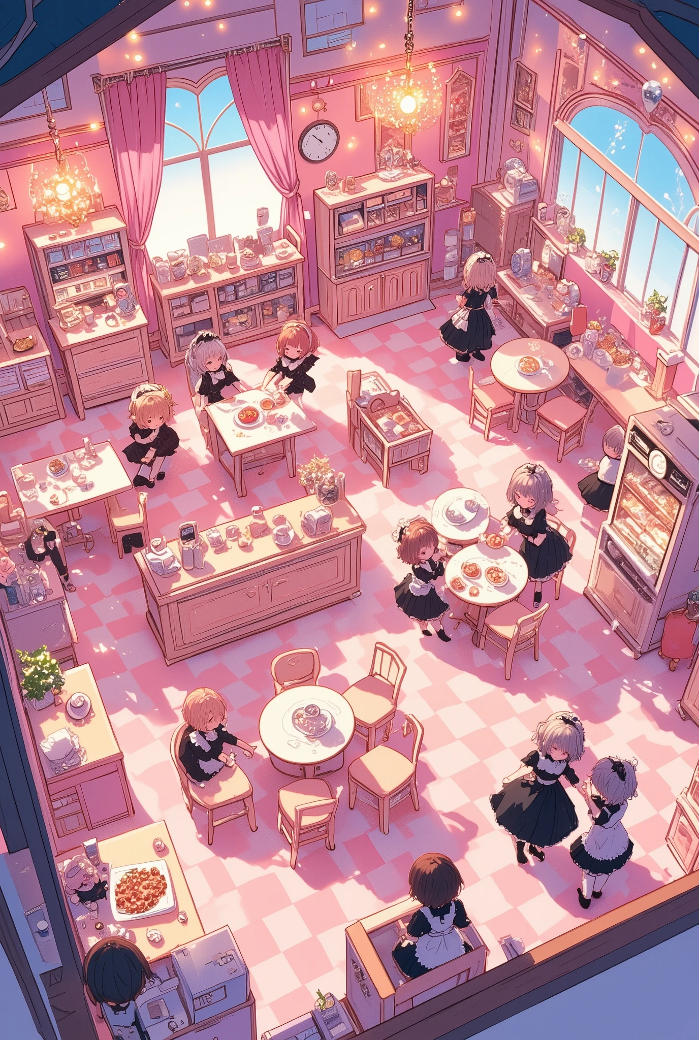 top-down isometric view, dollhouse-style cutaway of a vibrant maid café interior, roof removed to reveal multiple cozy rooms with cute pink and white decor, frilly curtains, heart-shaped tables, and checkered floors, adorable maids in black and white frilly uniforms serving parfaits and tea to chibi-style guests, each room with distinct themes like a tea room, a sweets corner, a retro arcade booth, and a dressing room, tiny chandeliers and fairy lights hanging from the ceilings, detailed miniature furniture like plush chairs, dessert displays, and vintage clocks, warm ambient lighting, soft pastel color palette, ultra-detailed illustration, cinematic lighting, whimsical anime toyhouse aesthetic, high-resolution, best quality, perfect thumbnail composition