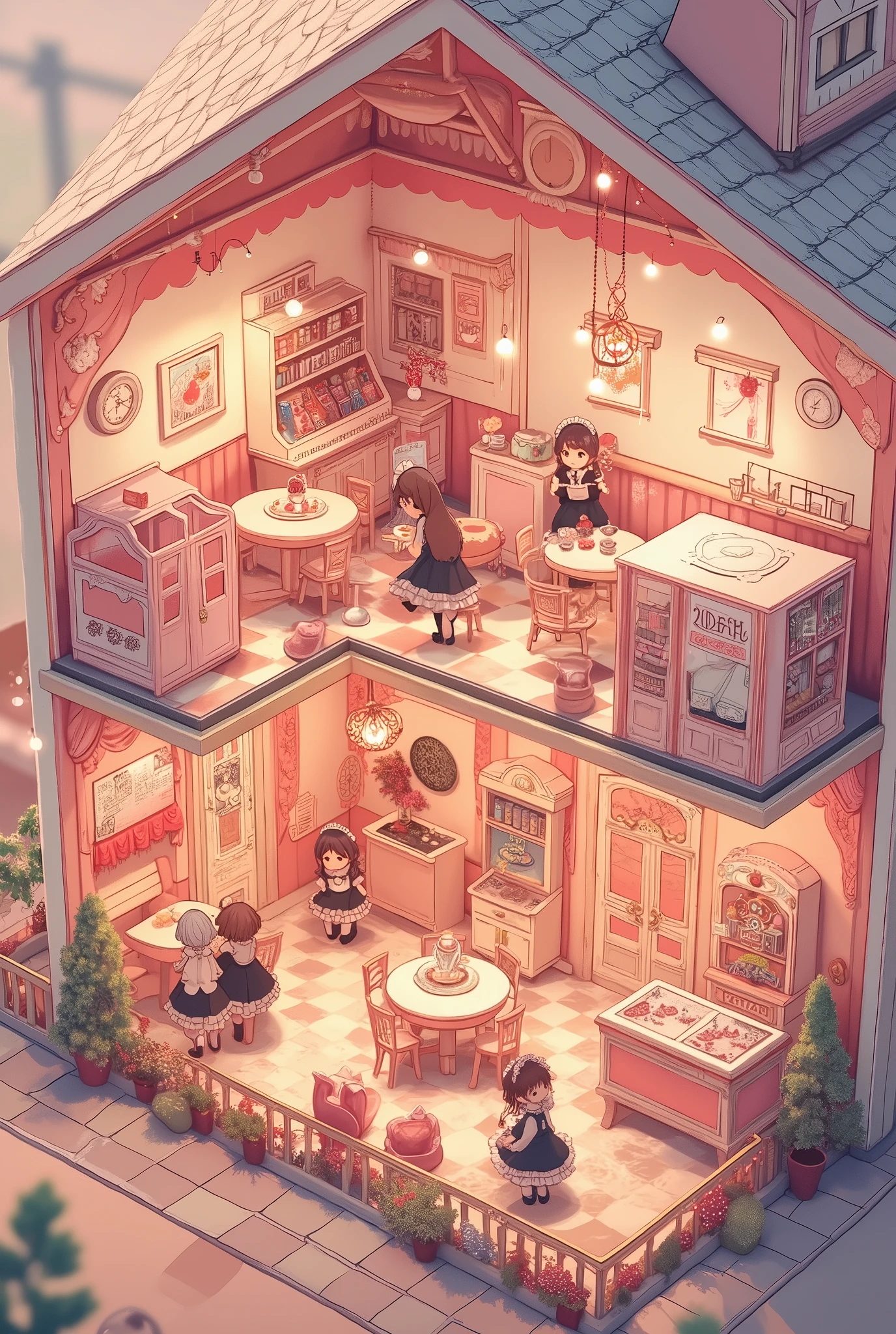 top-down isometric view, dollhouse-style cutaway of a vibrant maid café interior, roof removed to reveal multiple cozy rooms with cute pink and white decor, frilly curtains, heart-shaped tables, and checkered floors, adorable maids in black and white frilly uniforms serving parfaits and tea to chibi-style guests, each room with distinct themes like a tea room, a sweets corner, a retro arcade booth, and a dressing room, tiny chandeliers and fairy lights hanging from the ceilings, detailed miniature furniture like plush chairs, dessert displays, and vintage clocks, warm ambient lighting, soft pastel color palette, ultra-detailed illustration, cinematic lighting, whimsical anime toyhouse aesthetic, high-resolution, best quality, perfect thumbnail composition