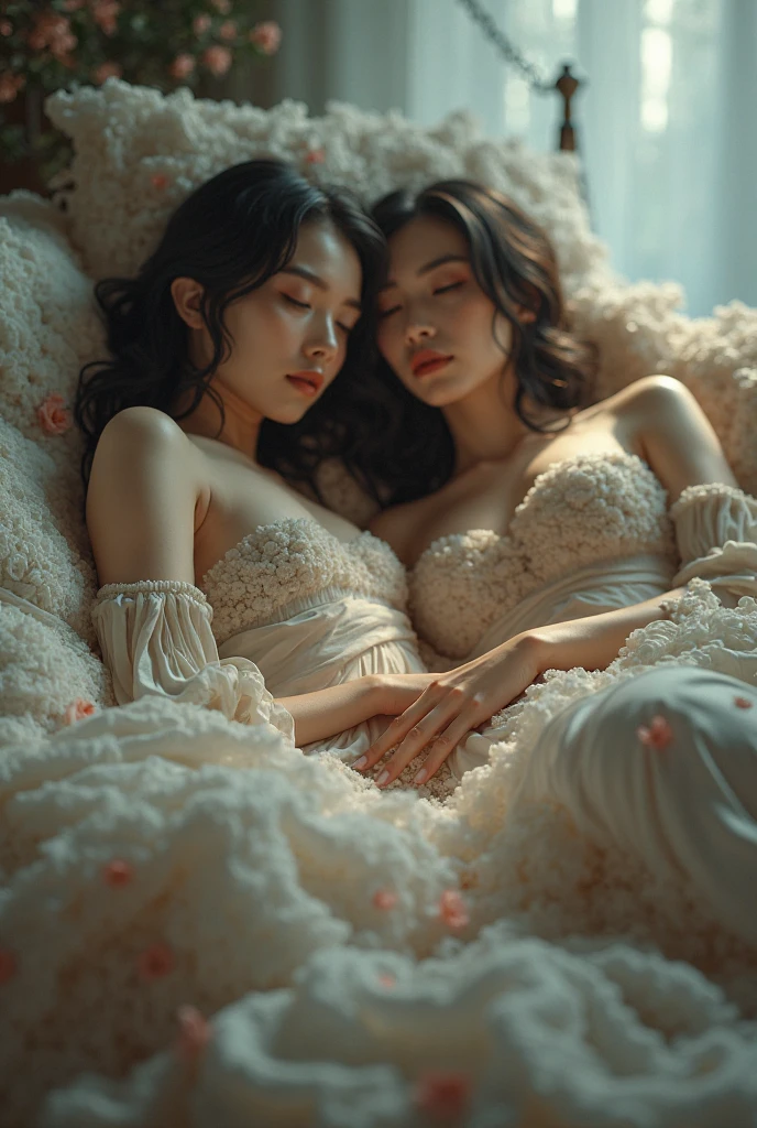 Cute sleeping beauties in delicate lingerie, Girly bedroom elegance, Precise depiction of girly interiors with attention to detail, Realistic skin texture that radiates softness, A delicate face framed by long eyelashes, Delicate skin shining in the soft light, Natural 8K image quality, Dreamy atmosphere, A masterpiece of digital art, Pastel colors infuse a gentle aesthetic sense, Pure, elegant, and elegant, Quote from Photolia, Beautiful Dreams in a Masterpiece Series, Emanating a sense of innocence and peace.