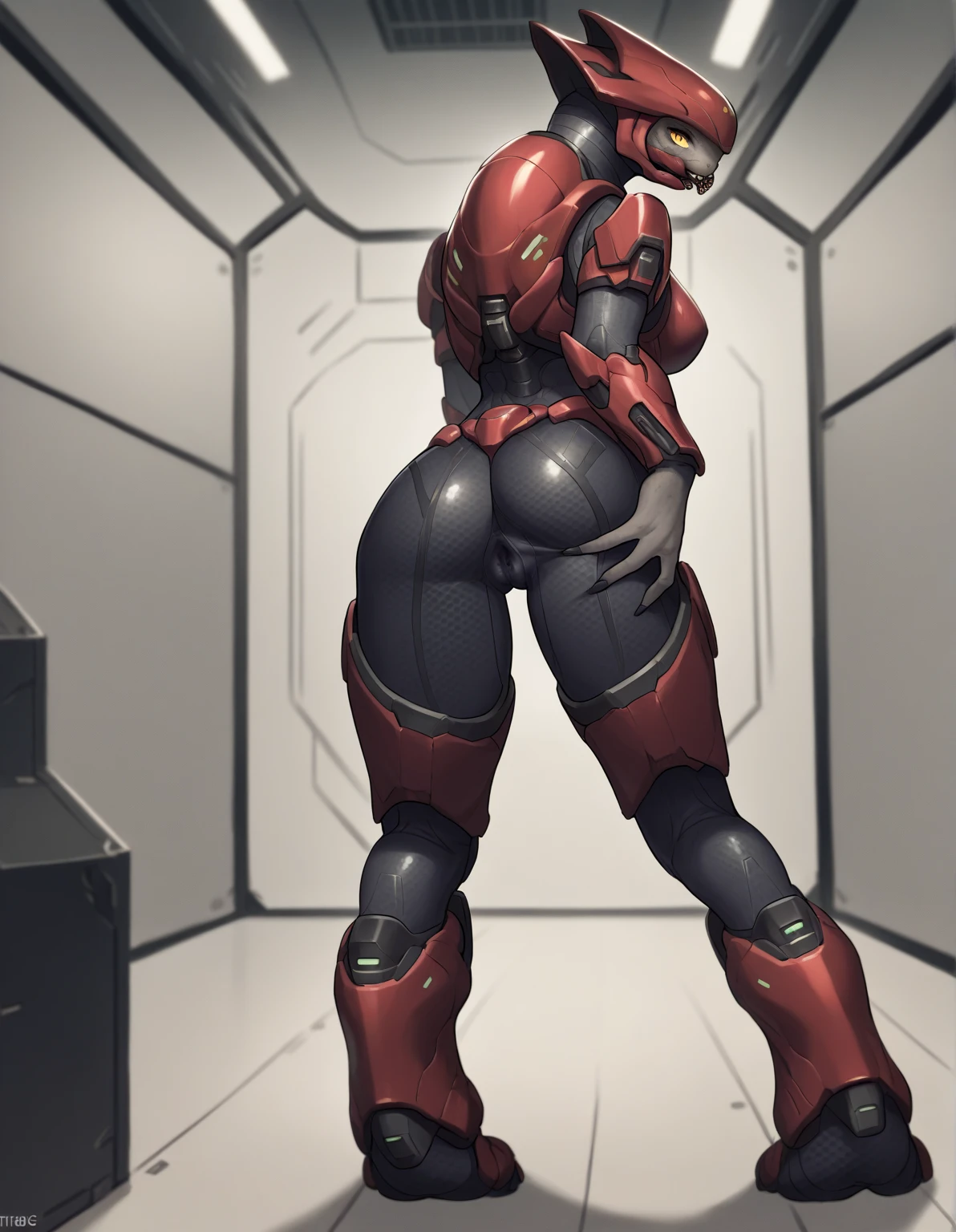 uploaded on e621, explicit content, 3d:0.4, (bastika, cutesexyrobutts, hioshiru), female, anthro, sangheili, futuristic setting,) uploaded on e621, explicit content, 3d, (bastika, cutesexyrobutts, hioshiru), female, sangheili, laberatory interior, thick thighs, big butt, futuristic, cyberpunk. feet, round hips, (Anthro), slender waist, (Slit pupils), sluty, horny, flatchest, , tall, wide hips, claweddriped, cameltoe, teasing, lab, laberatory, wide hips, huge thighs, huge ass, by hyattlen, by claweddrip, by fumiko, Tall_thick_bodied_mature_sangheili, female, dark_gray_scaled_body, solo Masterpiece best_quality absurdres highly_detailed cleanly_drawn_eyes anthro_only by_claweddrip, by_greasymojo, by_underscore-b, by_runawaystride, thin waist, sangheili armor, childbearing hips, flatchest,very big hips, plump bubble butt, juicy ass,best quality, incredible detail:1.3), good lighting, attractive body, sexy body, curvy body, ((masterpiece)), ((best quality)), ((cinematic lighting)), ((countershading)), ((detailed background)), huge hipacro:1.5), (clawed feet:1.2), perfect hourglass figure, (scalie), anthro, natural soft lighting,daytime, natural soft lighting, seductive, (hi res), ((masterpiece)), ((best quality)) , 4k, (high detail:1.3),( solo,hi res,soft shading,good anatomy,cinematic lighting, big hips, lean waist, extremely wide hips, nsfw, tight black bodysuit leotard, elite armor red, halo \(series\), elite armor, elite helmet, holding honor guard staff, ornate golden red sangheili armor, elite armor chestplate,