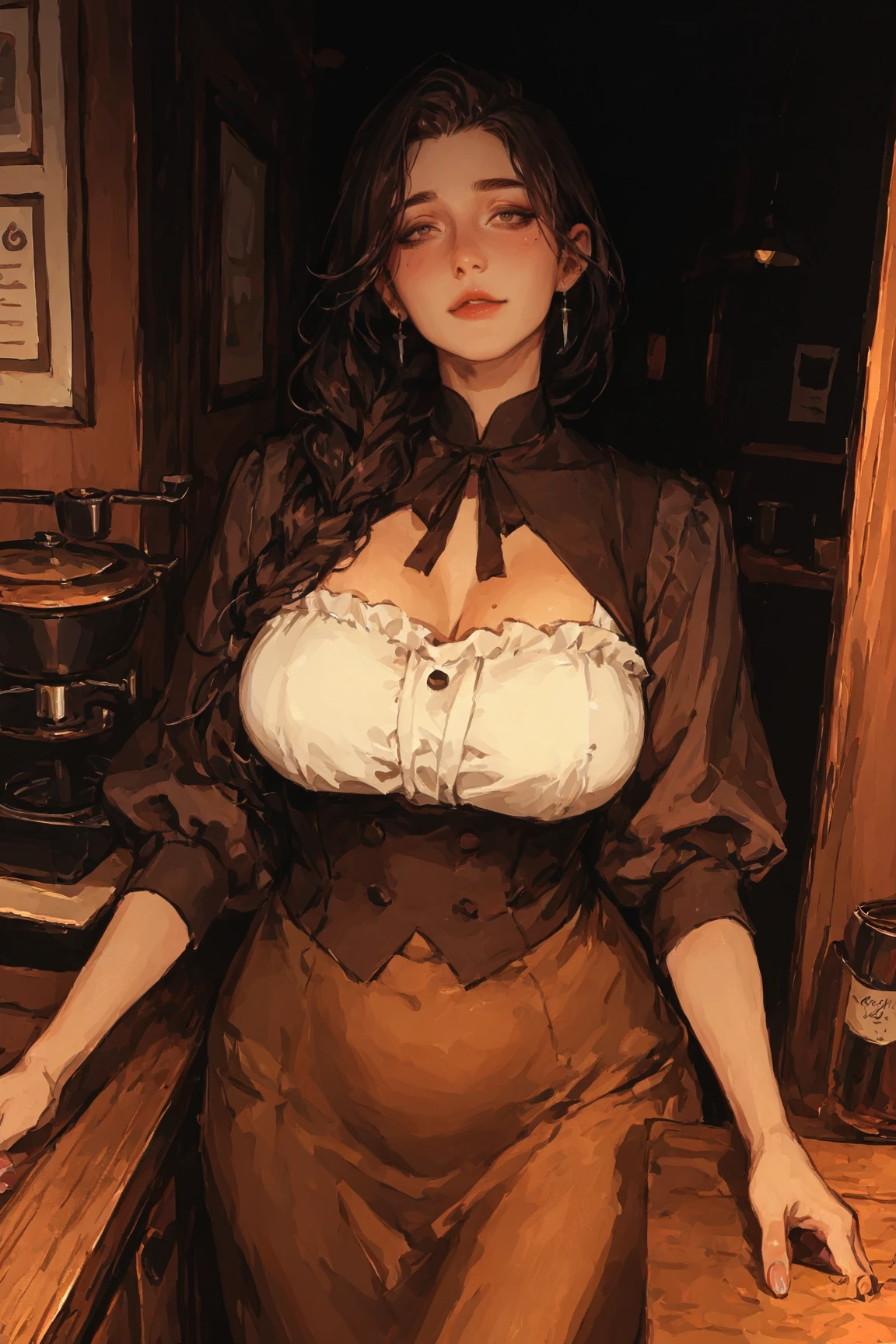 Perfect face, Perfect hands. A brown haired woman with red eyes and an hourglass figure in a Gothic conservative cowgirl is drinking coffee in the sheriff's office