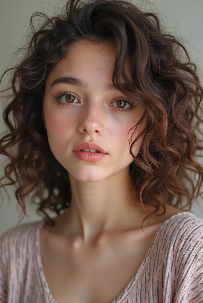 A woman with curly hair, white,eyes browns,small freckles on the face, a birthmark above the lips, The curvy body, studying physical education