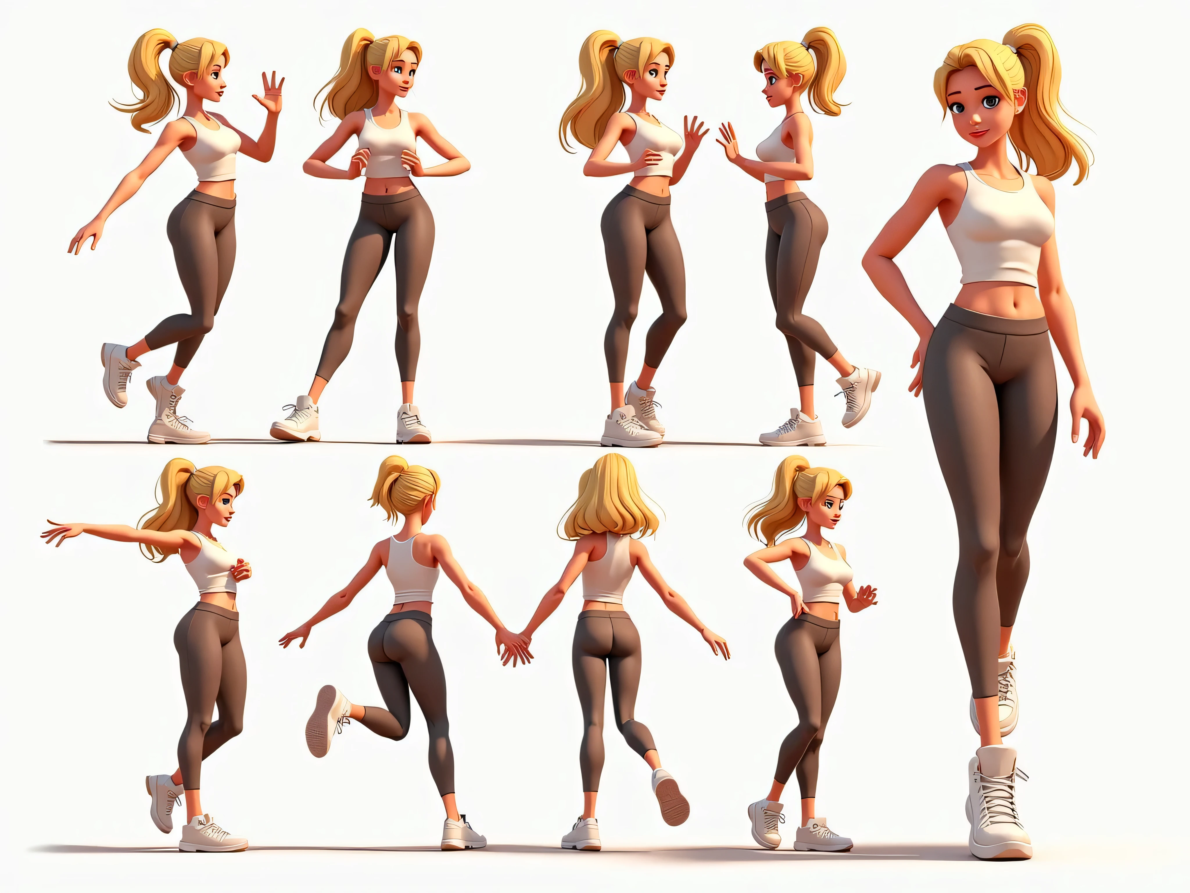 1girl, one person, girl with long blonde hair, blue eyes, white tank top, tight fitting black pants. walking. alone.