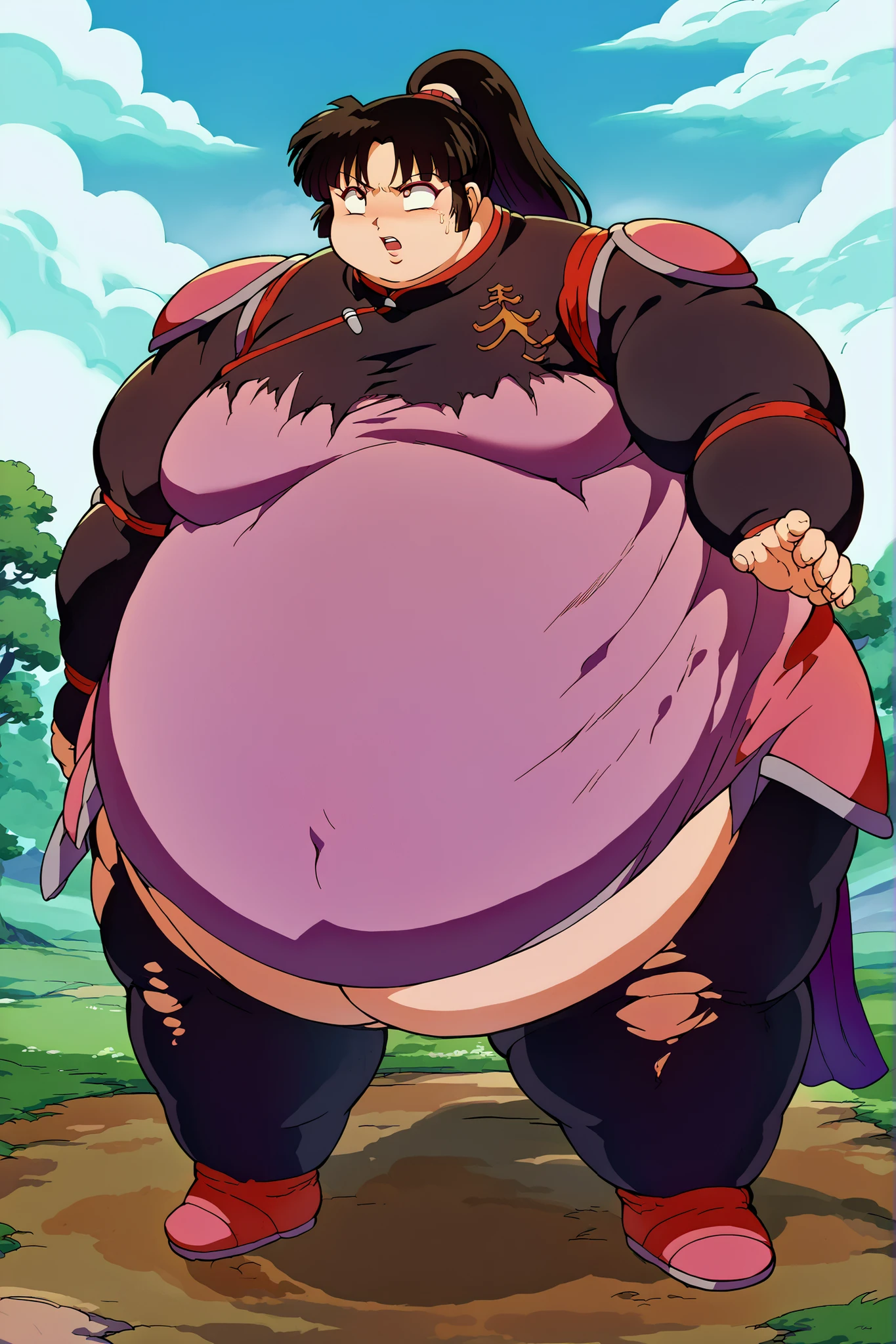 ((masterpiece, sidelighting, finely detailed beautiful eyes: 1.2)), ultra-detailed, ultra high res, professional lighting, perfect ???????, perfect face, perfect eyes,
pandballgt,  black eyes, black hair, short hair, 1girl,  gloves, orange bandana, fingerless gloves, full body, boots, bbw, plump, large belly, ?????????????, large thighs, love handles, wide ????, weight gain, gold and black ??????, gold, ornate metal bra, metal lace, gemstones, jewelry, long skirts, armlets, pelvic curtain, Star Wars,