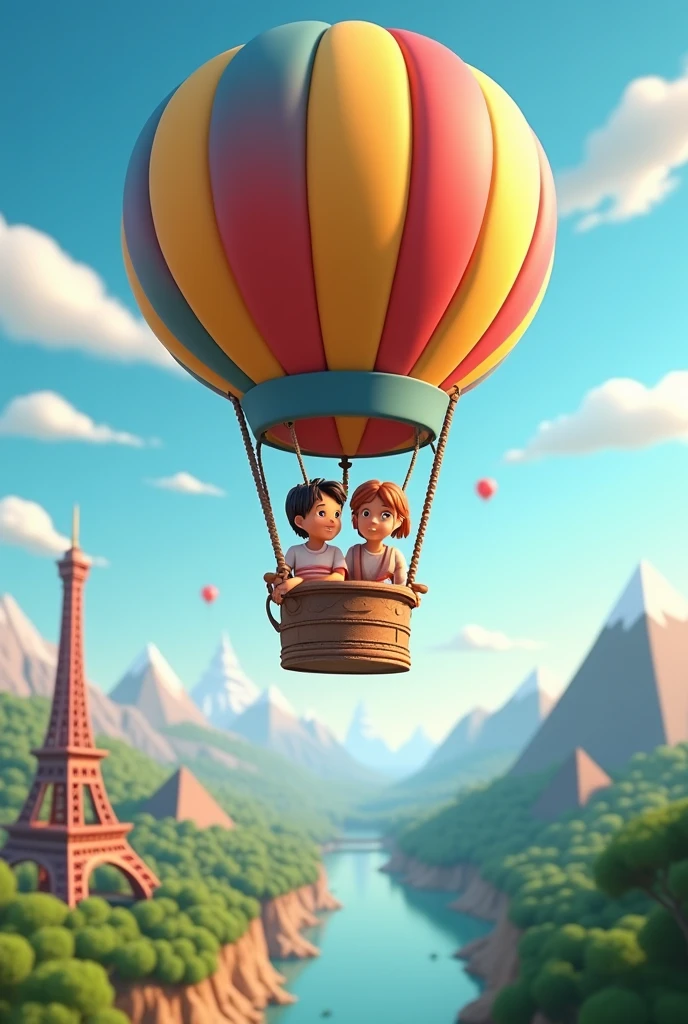 Two children sitting on a hot air balloon,Overlooking the forest landscape above ground