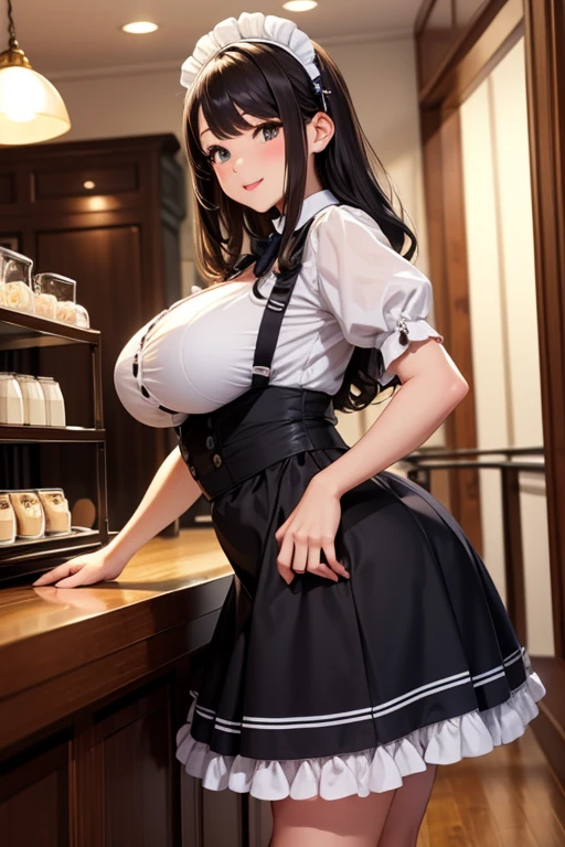 Meisterwerk, (realistisch), high-res, hochdetailliert, kompliziert, Beautiful women, rote Haare, blaue Augen, Sommersprossen, detailliertes Gesicht, maid outfit, looking at viewer, showing boobs, smile, huge boobs, in Cafe, serving you, lehnen