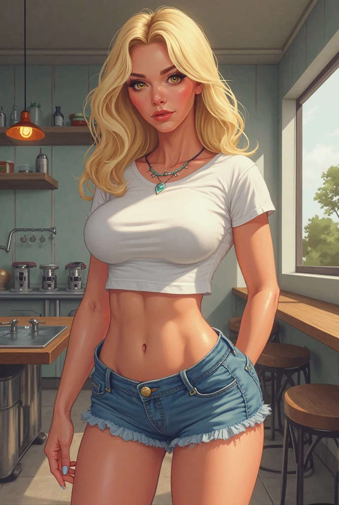 Disney Pixar Cartoon, there is a woman in a bra and shorts posing for a photo, fully clothed. sexy painting, realistic art style, blonde girl, sexy girl, 4k realistic digital art, 4k realistic digital art, realistic digital painting, #1 digital painting of all time, #1 digital painting of all time, perfect shaded body realistic, blonde woman