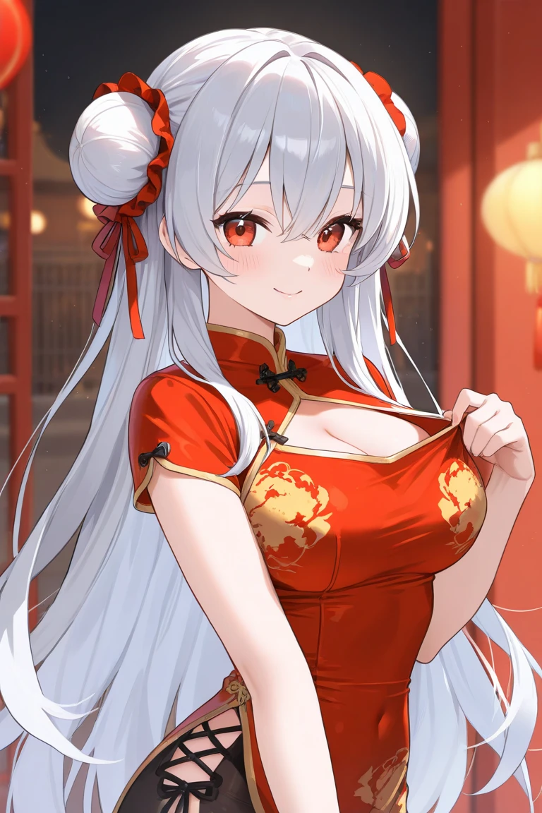 This stunning 20-year-old chubby beauty poses seductively in a captivating white and red long-sleeved closed qipao, adorned with intricate silver embroidery. Her face is accentuated by strong pink makeup, her silver-blue eyes sparkling with a mischievous, evil smile. Her detailed lips are painted a vibrant red, matching the pop of color from the qipao's vibrant collar.

Her long, silver hair cascades down in soft waves, gathered into a long white ponytail that trails behind her. A light and transparent veil, filled with charm and seduction, falls gracefully on her shoulders