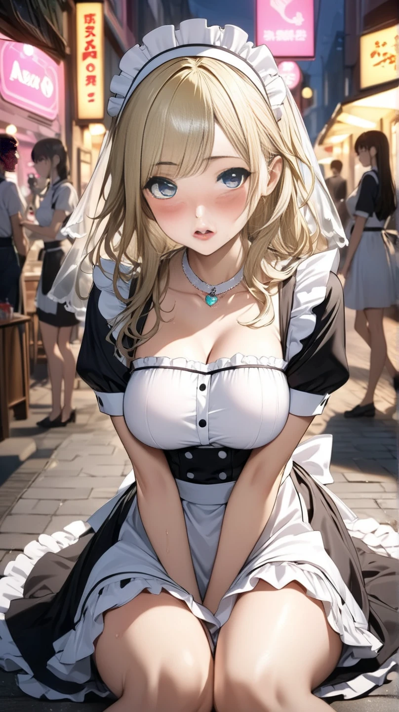 masterpiece, best quality, highly detailed, ultra high res, ayase arisa, 1girl, solo, blue eyes, hair ornament, blonde hair, long hair, blush, glossy lips, maid, short skirt, maid apron, cleavage, standing, city street, thigh highs, (small breasts), high heels