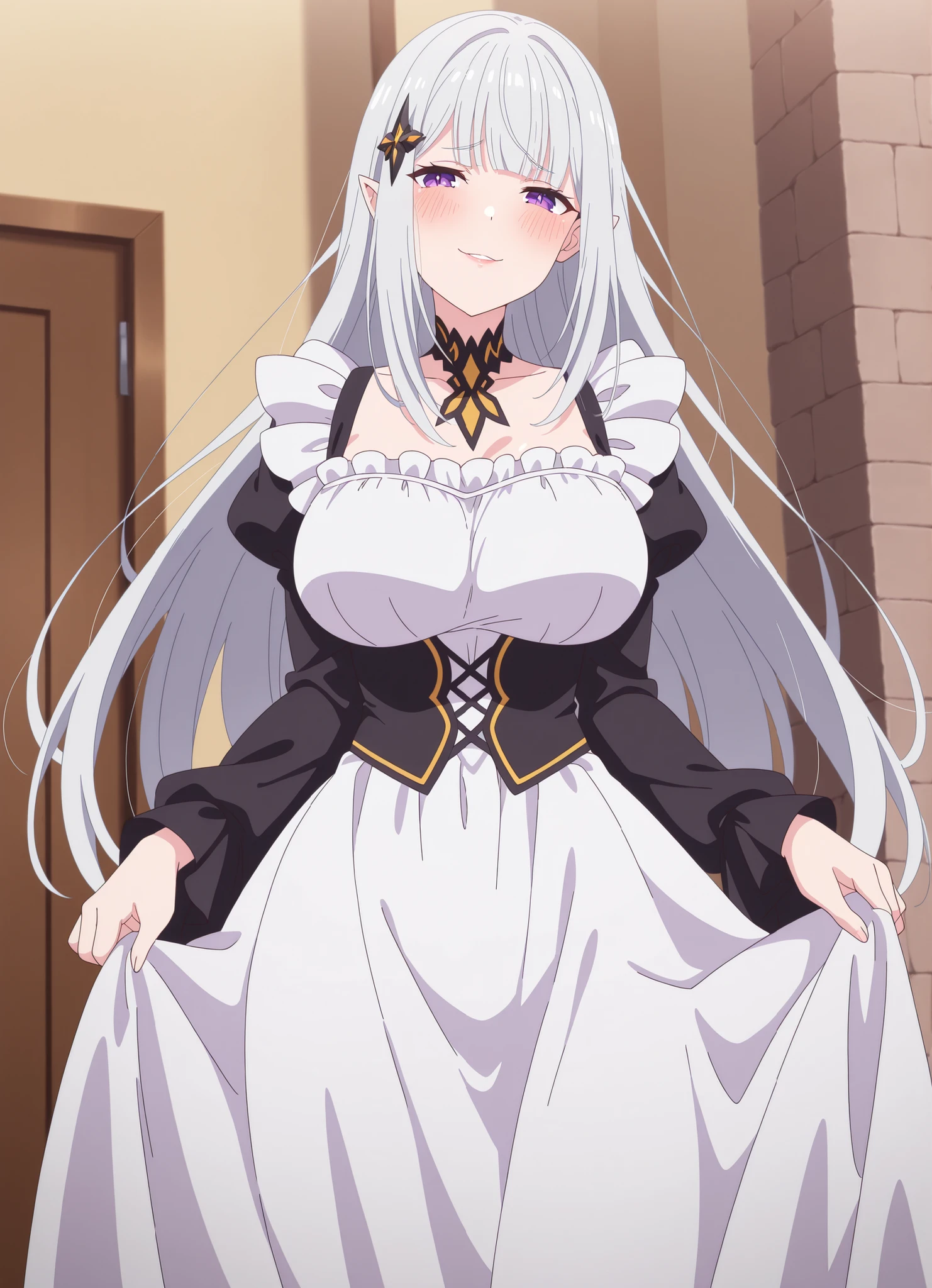 (Score_9, score_7:0.6), (masterpiece, best quality, good quality, newest:0.6) score_7_up, anime screencap, Solo, long dress, Satella, Anime, 1girl, Mature Female, pointy ears, hair ornament, blush, silver hair, long hair, smirk, lips, purple eyes, Sexy, outfit_2 outdoors, maid classic, Huge Breats, view detailed body,