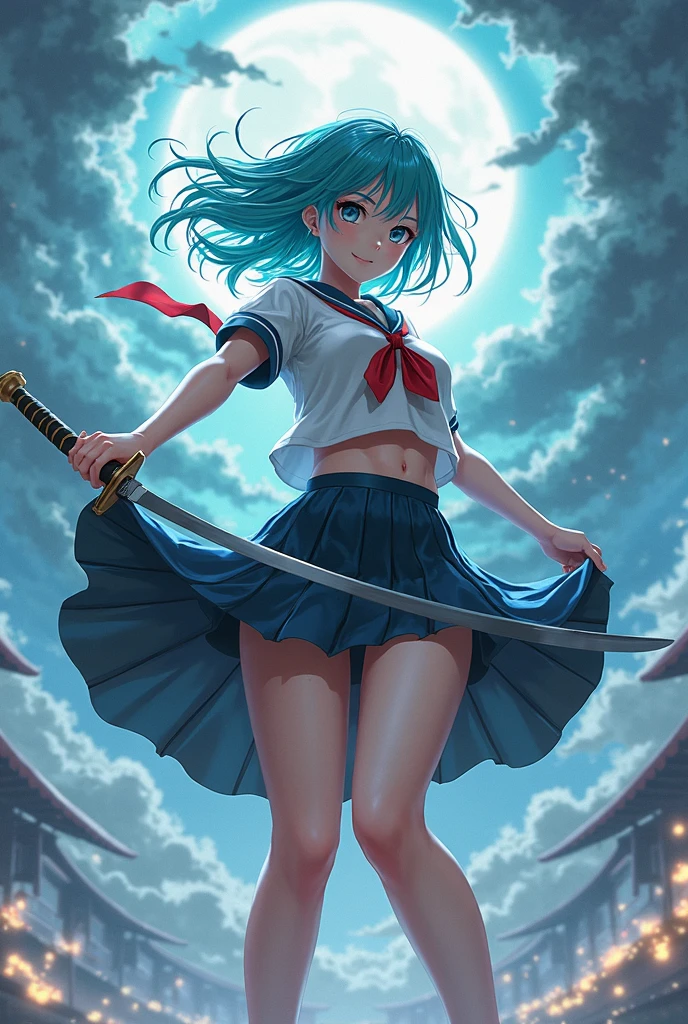 anime, adult woman, (((japanese schoolgirl uniform))), low-cut, (((skirt lifted by a draft revealing panties))), swirl of air all around her, sword in one hand, storm decor, fighting pose, cyan hair, camera angle low angle view from below, Correct anatomy, 5 fingered hands