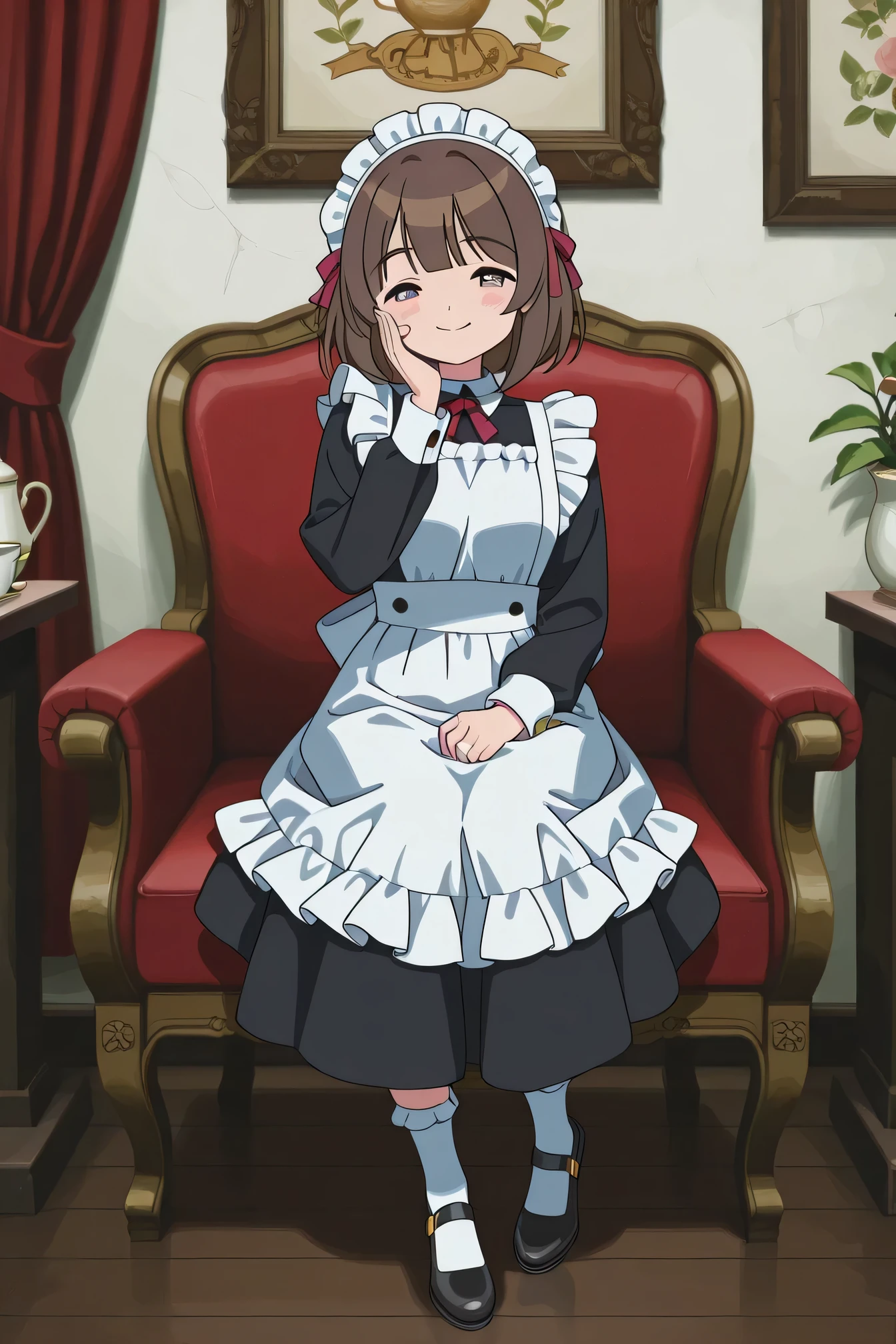 Highest Quality、real style、masterpiece、Detailed Background、Portrait Photo、soft background blur、natural skin tone、Soft brown hair、Maid cafe interior、a scene where a cute maid with a smile brings tea、The background is a classical European style interior、wooden furniture and lace curtains、black dress with white frills、White apron、ruffle headband、Knee socks with lace、 black strap shoes、slightly reddening the cheeks、Bright and soft light、very beautiful