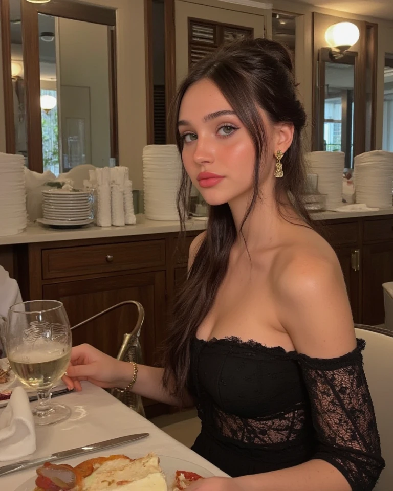 brut, photo assis sur la chaise en train de dîner robe noire (23 year old rougehead: 1.2), se maquiller, outdoor dining in Paris, Background, eye-liner graphique de la tour Eifel, texture de peau réaliste, yeux clairs (rouge: 0.8),
