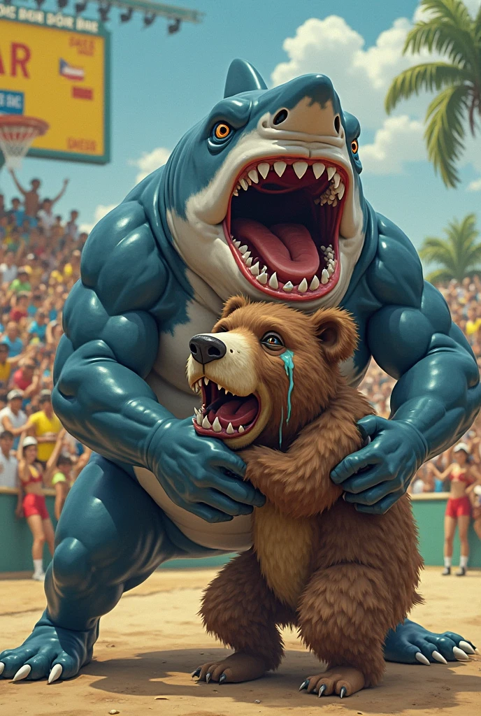 Create an epic and hilarious meme featuring a muscular anthropomorphic dog (Muscle Dog) with exaggerated bodybuilder physique, flexing his muscles and wearing comically small sunglasses. He's standing confidently on a tropical beach, striking a heroic pose. Next to him, position a surprised and slightly envious Catwoman-style influencer, her eyes wide and jaw dropped, wearing a cat-eared headband and holding a selfie stick with a phone displaying "0 followers." The background should showcase a vibrant sunset over the ocean, with palm trees bending impossibly to frame the characters. Add floating emojis (💪😺🏖️) around them for a social media feel. In the foreground, place a small crab wearing oversized sunglasses, giving a thumbs up to Muscle Dog. Style the scene in a mix of hyperrealistic rendering and comic book art, with bold outlines and exaggerated features. Use a wide-angle lens (24mm) to capture the entire scene, emphasizing the characters' expressions and the comical contrast between them. Apply a slight tilt-shift effect to focus on the characters while keeping the background slightly blurred. Enhance the lighting to create a golden hour glow, highlighting Muscle Dog's muscles and Catwoman's shiny costume. The caption should read: "When your gym routine finally pays off... but your social media game is still catching up! 😂💪📱" Add a call-to-action: "Drop a 💪 if you're team Muscle Dog or a 😺 if you're team Catwoman! Who's winning summer?"